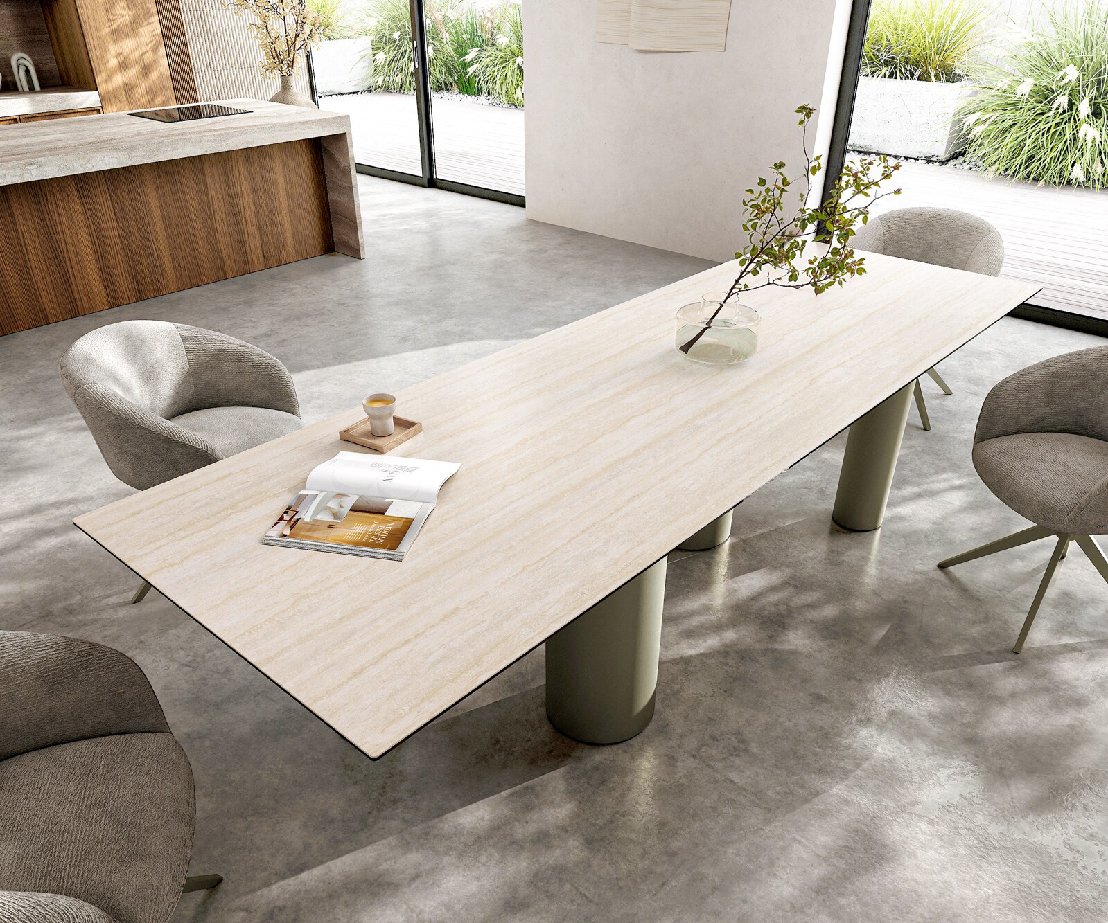 Table à manger Edge 300x100 céramique Laminam® Travertino Bianco crème-blanc Pilier métal effet finition titanee 4