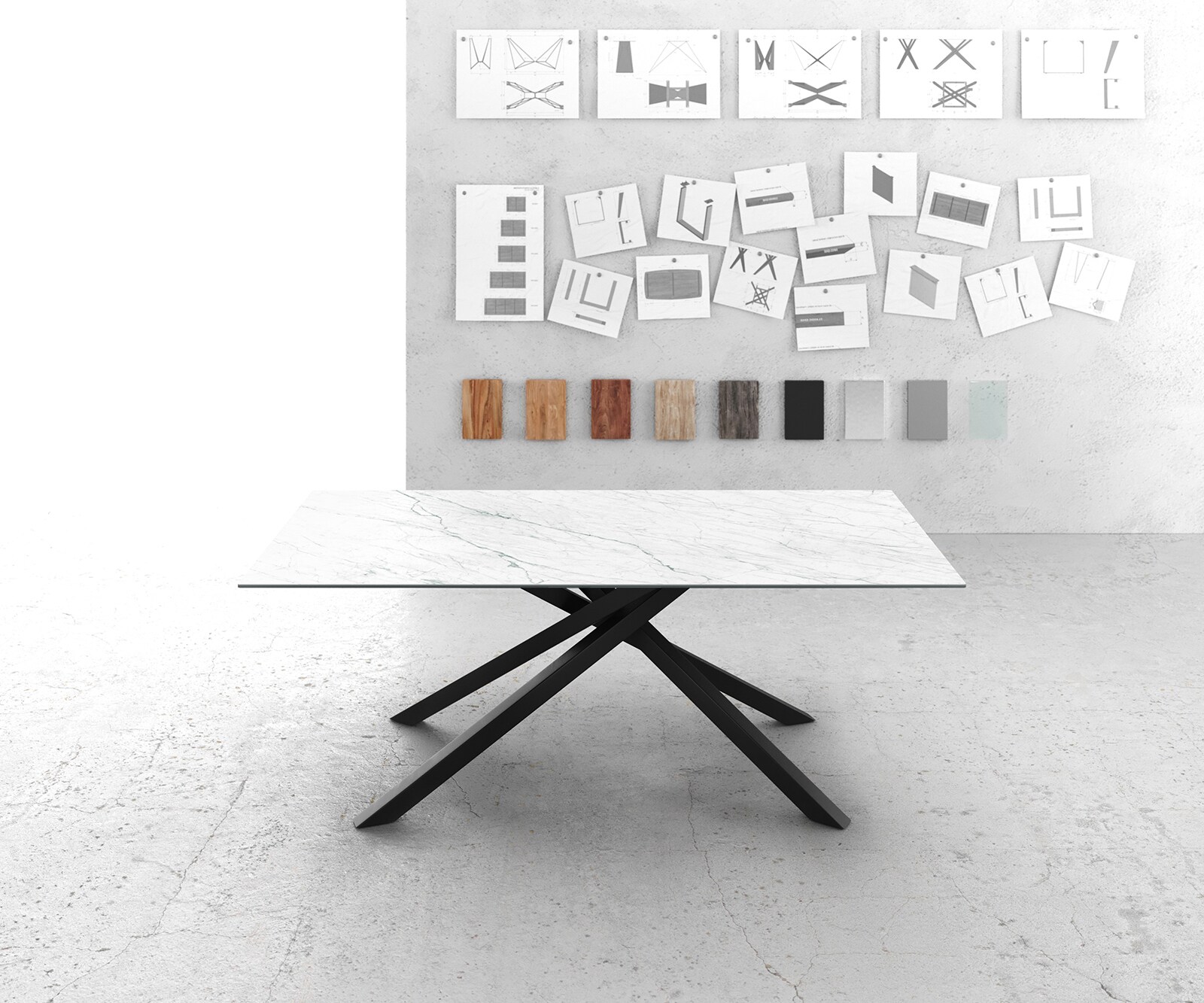 Esstisch Edge 200x100cm Keramik Laminam®Statuarietto Weiß Mittelfuß Kreuz Schwarz 1 Esstisch Edge 200x100cm Keramik Laminam®Statuarietto Weiß Mittelfuß Kreuz Schwarz 1