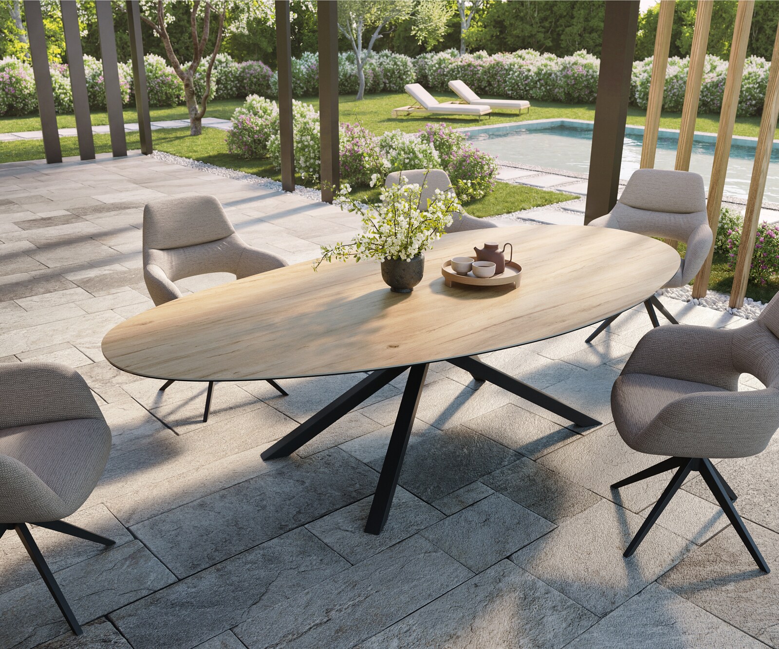 Outdoortisch Edge Oval 280x130 cm Keramik Laminam® Sabbia Eichefarbig Kreuzgestell Rechteck Schwarz