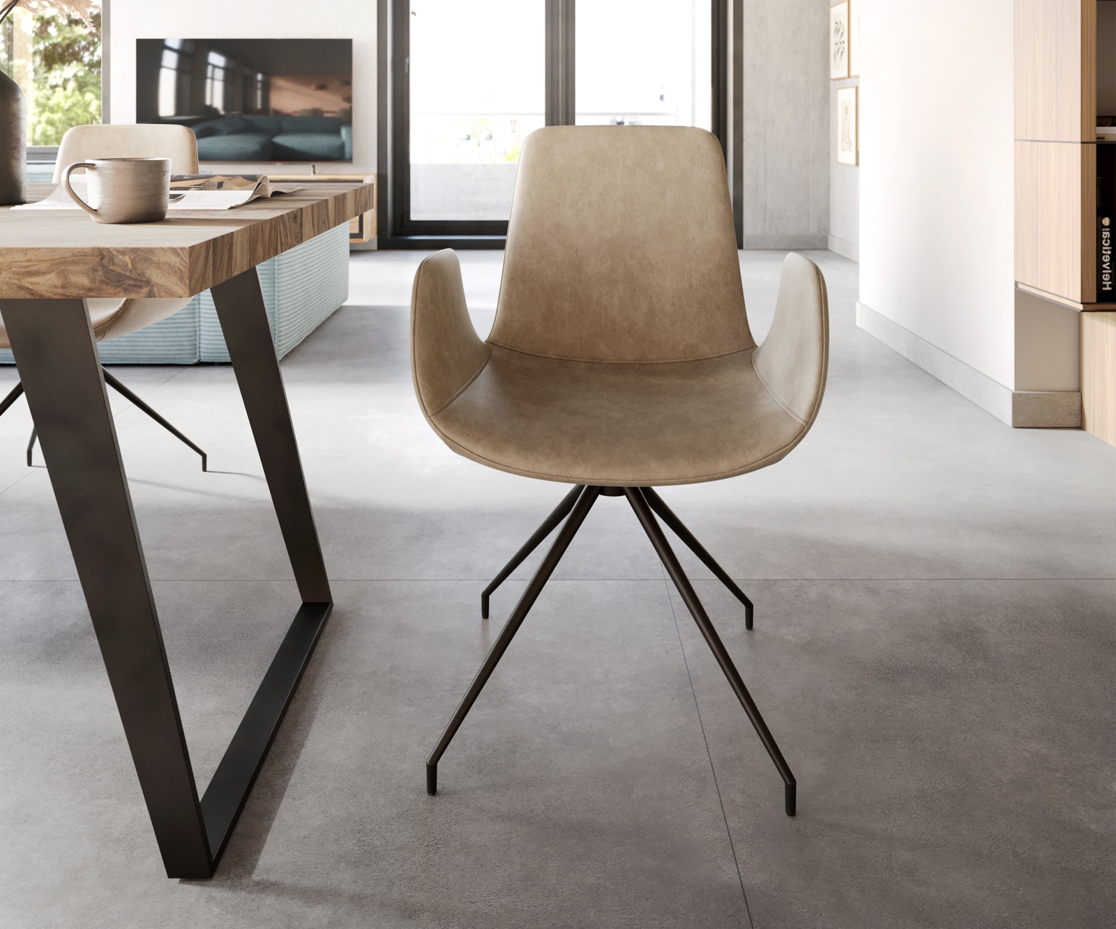 Esszimmerstuhl Ilia-Flex mit Armlehnen Mikrofaser Beige Vintage Kreuzgestell konisch Schwarz 2 Esszimmerstuhl Ilia-Flex mit Armlehnen Mikrofaser Beige Vintage Kreuzgestell konisch Schwarz 2