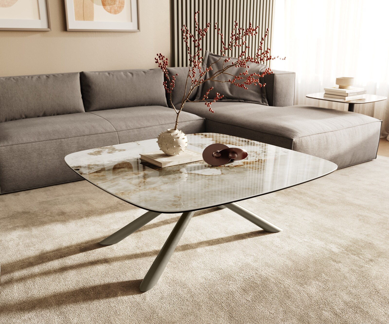 Table basse Edge Boot 90x90 cm céramique Minas Melange Sarity Metall finition effet titane 1