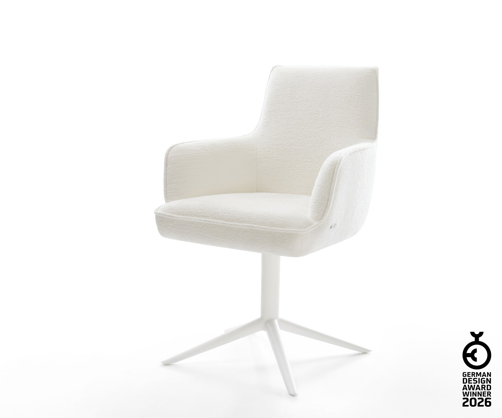 Drehstuhl Heira-Flex mit Armlehnen Bouclé Soft Beige Fußkreuz Weiß 360° drehbar Wippfunktion Taschenfederkern 1