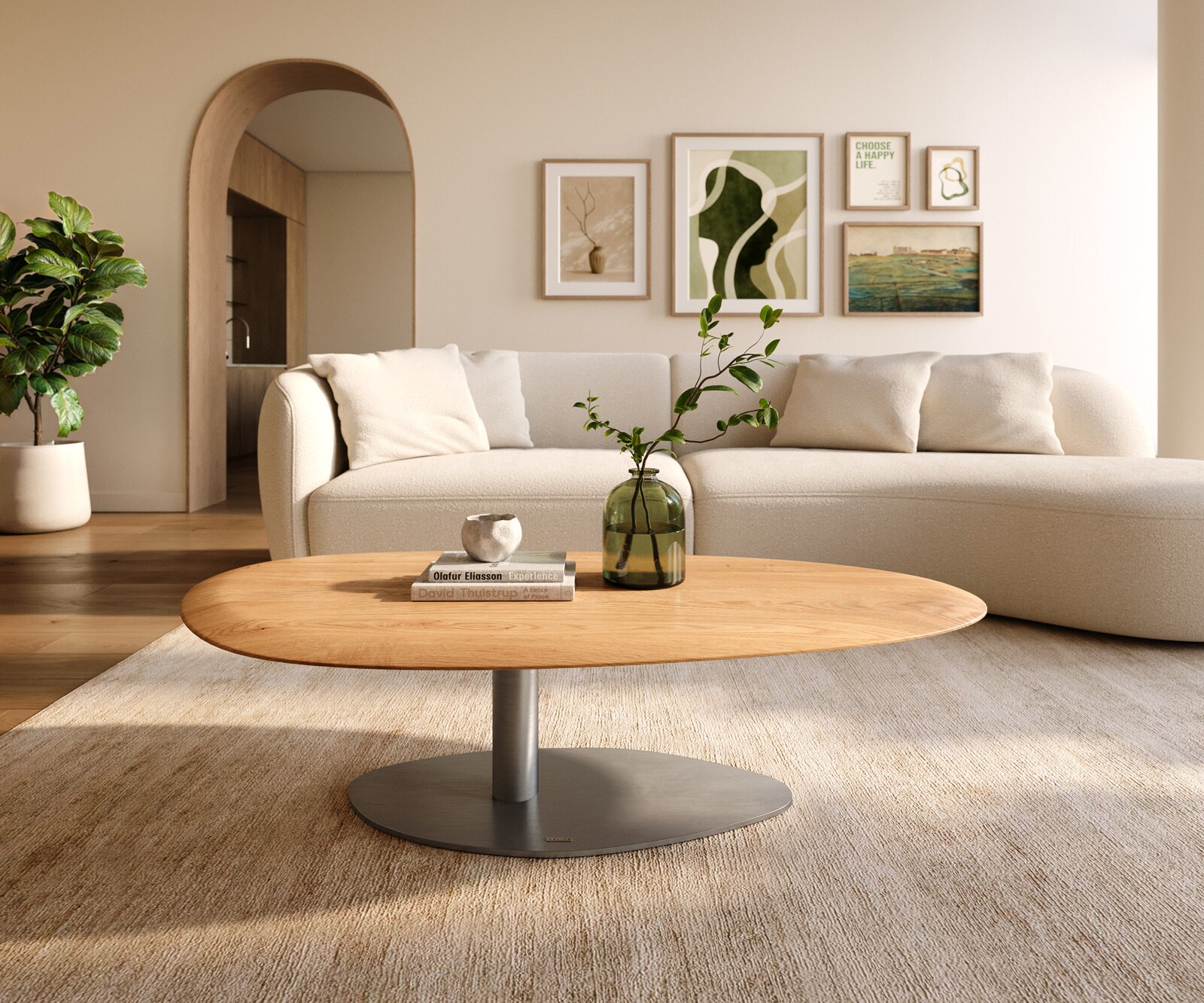 Table basse Edge Oval 140x75 cm chêne naturel bord arrondi Vibany acier inoxydable brossé 1