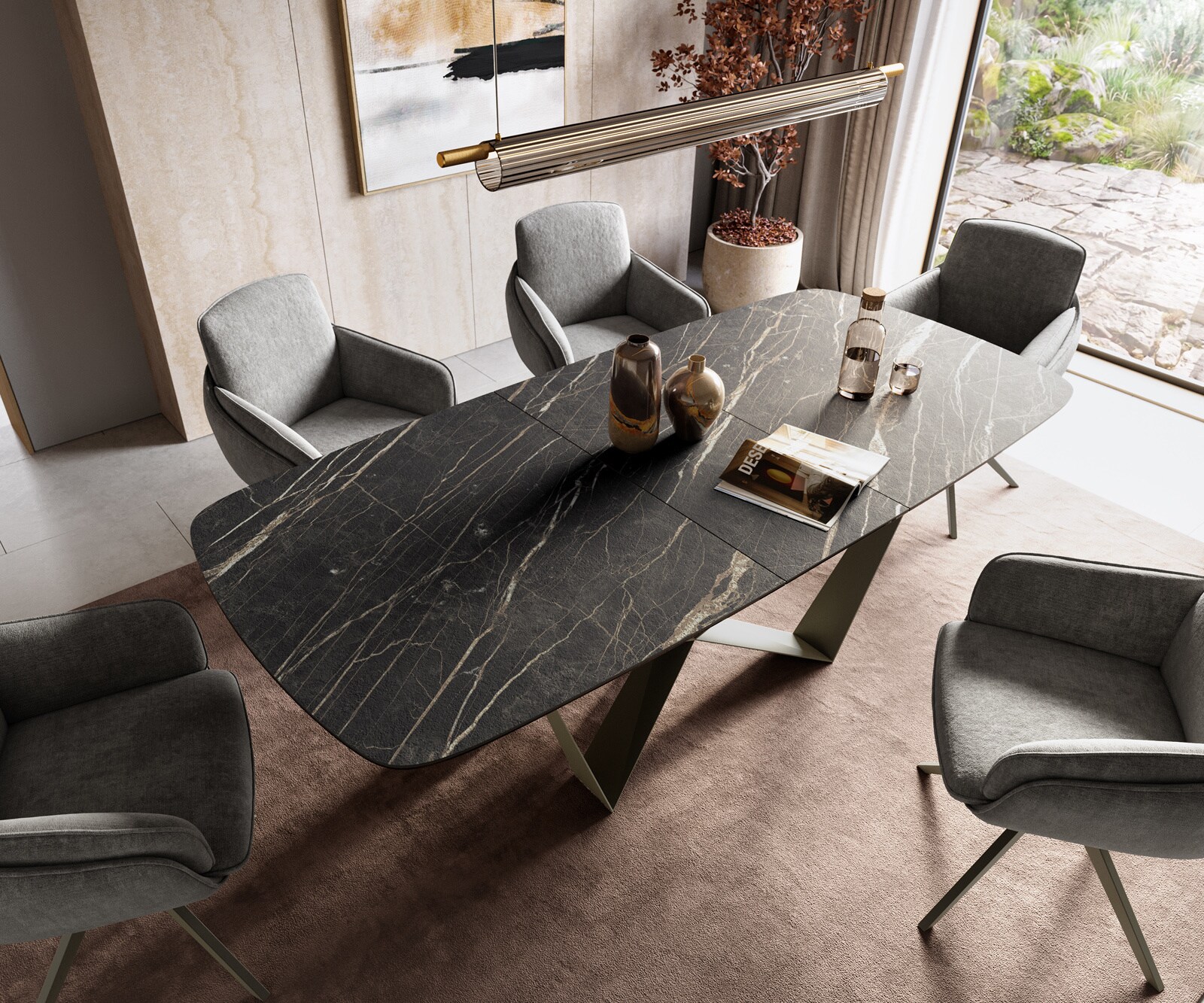 Esstisch Edge Boot 180-220x100 cm Laminam® Keramik Noir Desir Braun Spider Metall Effektfinish Titan ausziehbar 3