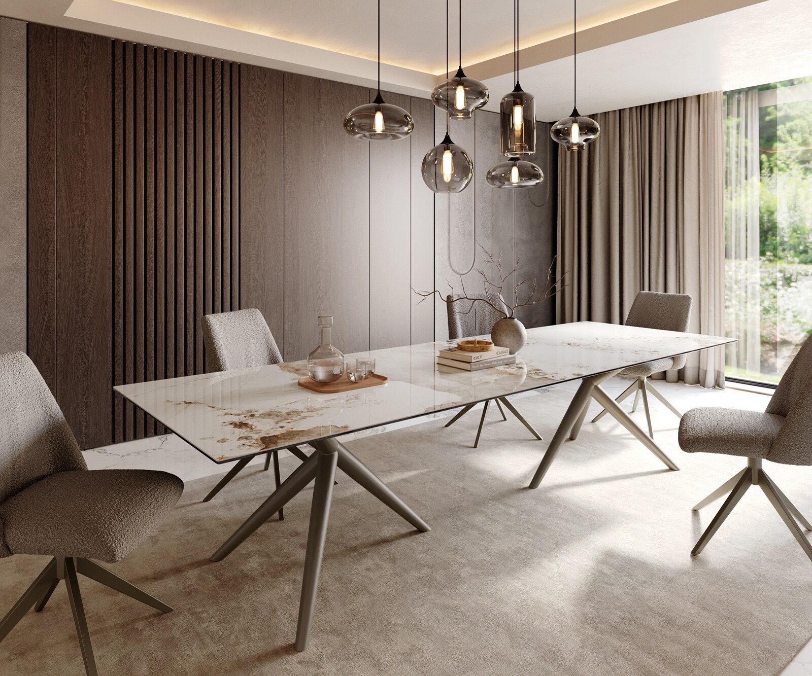 Table à manger Edge 300x100 Céramique Minas Melange Blanc-Beige Estelar rond Métal finition à effet Titane 1