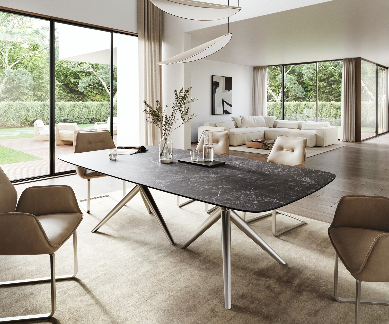 Table à manger Edge Boot 260x120 cm Céramique Laminam® Nero Greco Anthracite Estelar rond Acier inoxydable 1