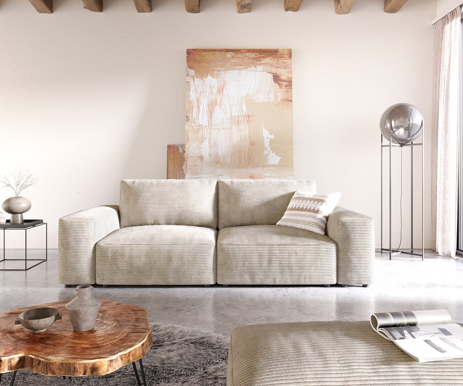 Big canapé Lanzo 230x95 cm velours côtelé beige avec pouf 1