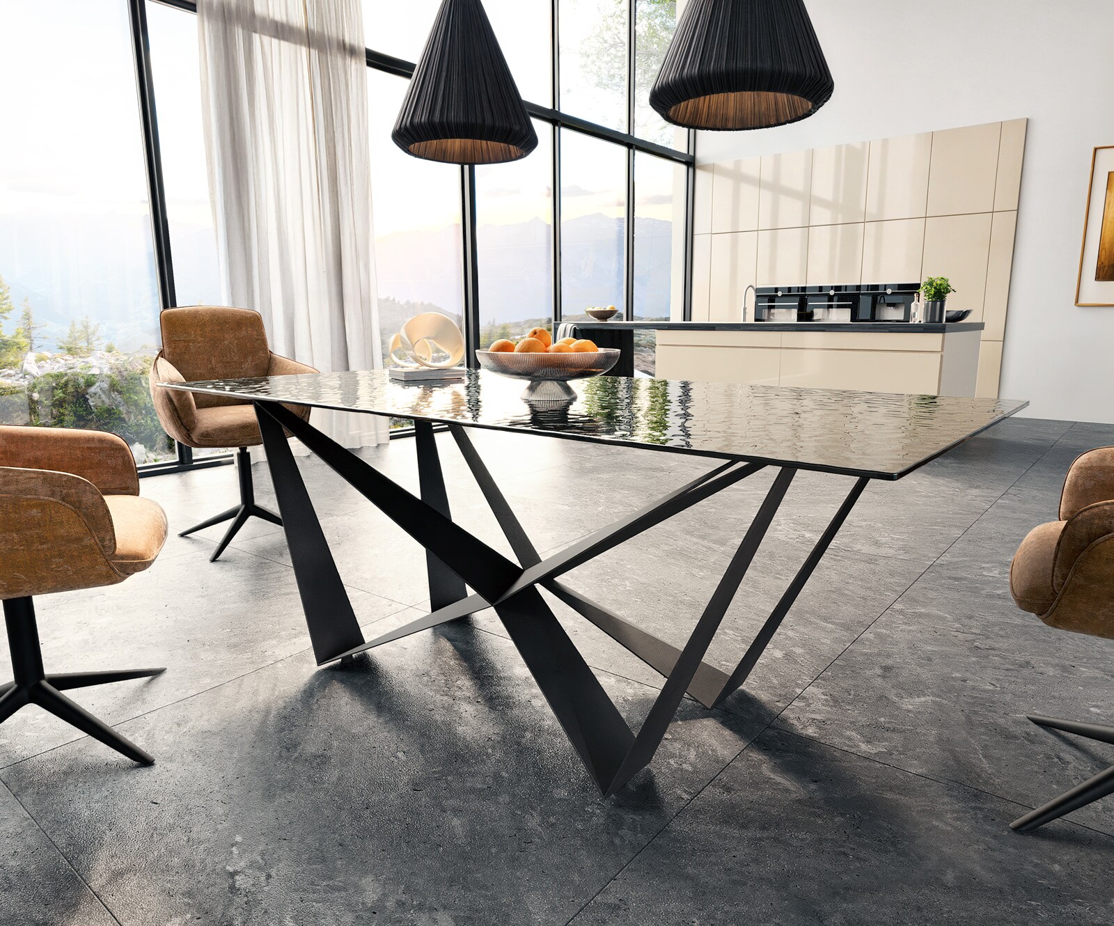 Table à manger Edge 200x100 verre fondu noir fumé relief en 3D Spider acier plat noir 3