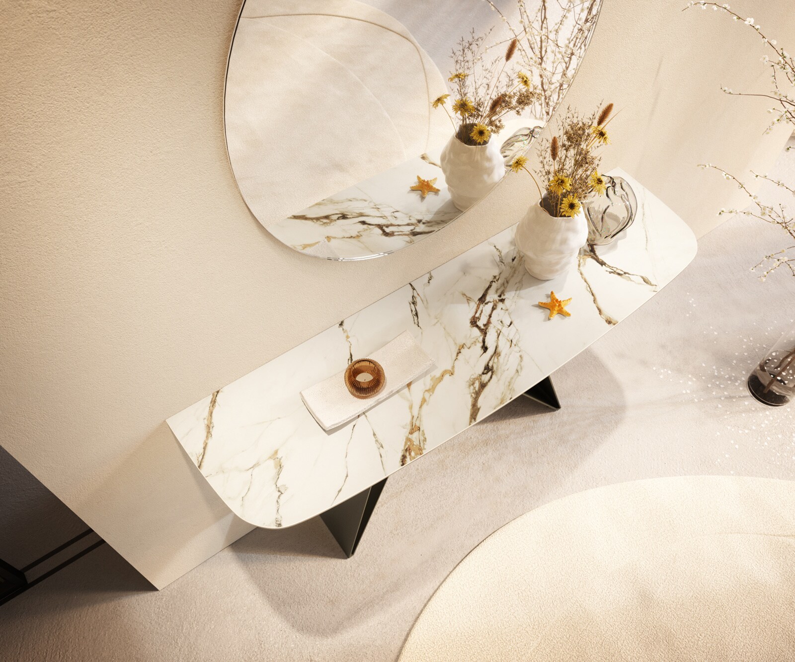 Console Edge forme bateau 140x40 cm Céramique Calacatta Luxe Weiß-Gold-Gris Velio Métal Effektfinish Titan 2