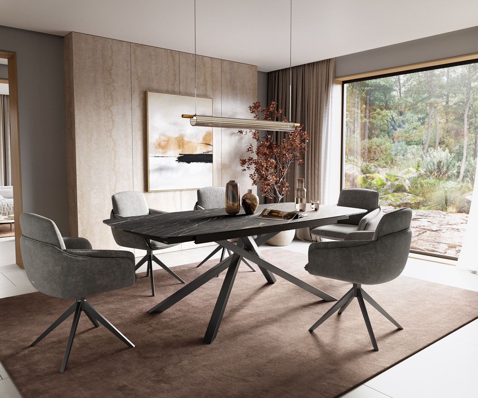 Esstisch Edge Boot 180-220x100 cm Laminam® Keramik Noir Desir Braun Kreuzgestell Rechteck Edelstahl Graphit ausziehbar 5