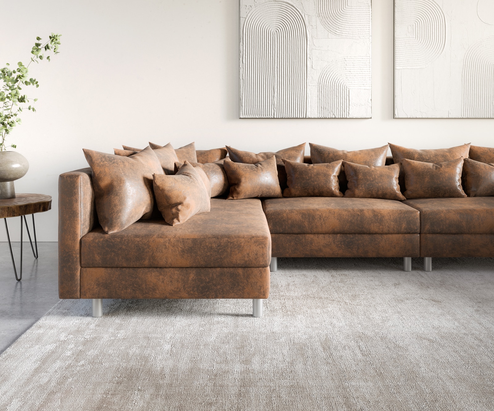 Wohnlandschaft Clovis XL Braun Antik Optik modular Hocker  5 Wohnlandschaft Clovis XL Braun Antik Optik modular Hocker  5