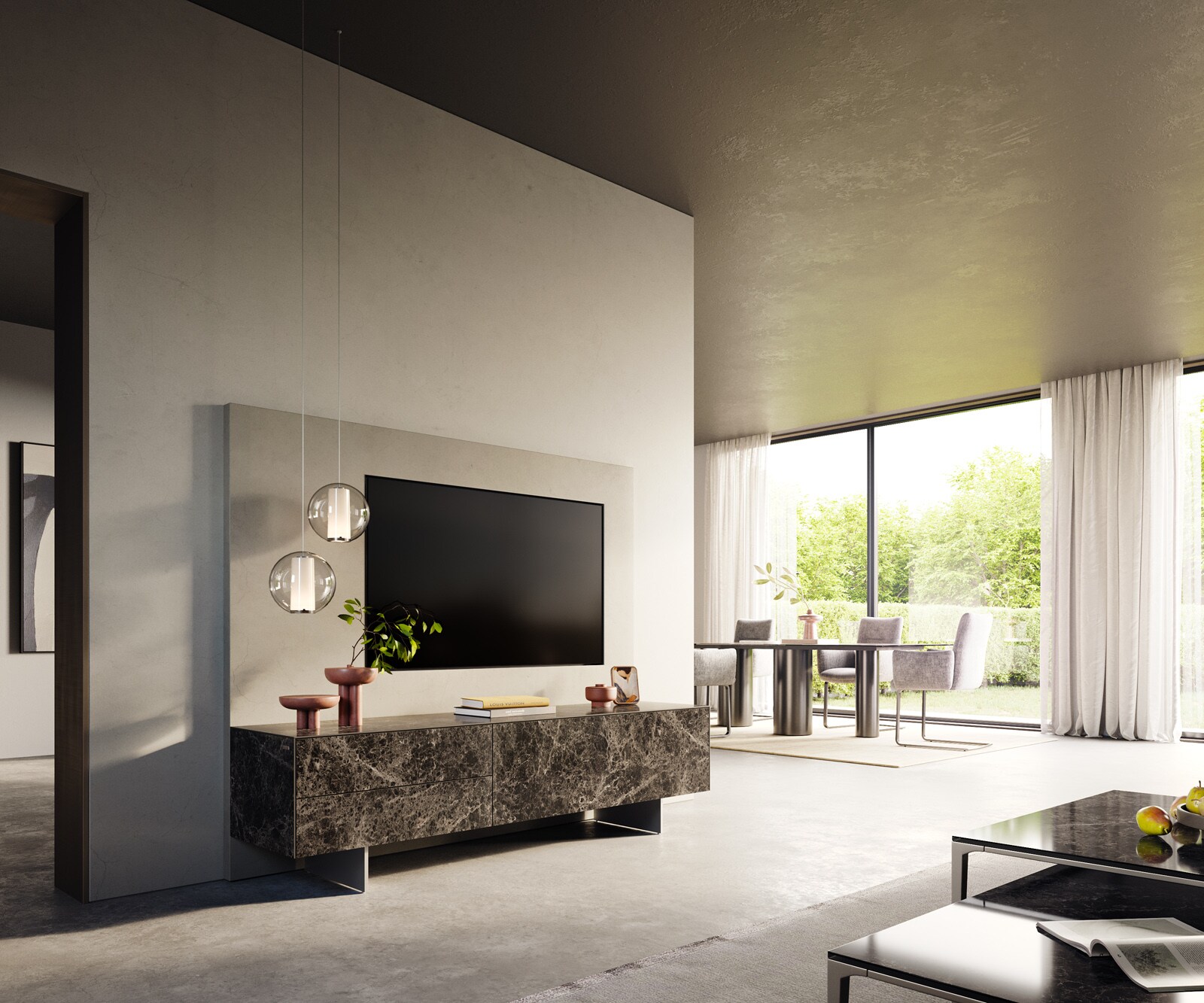 Lowboard Cuor 180 cm Keramik Laminam® Emperador Extra Lucidato Dunkelbraun 1 Klappe 2 Schubfächer Fuß Schwebeoptik Edelstahl 6
