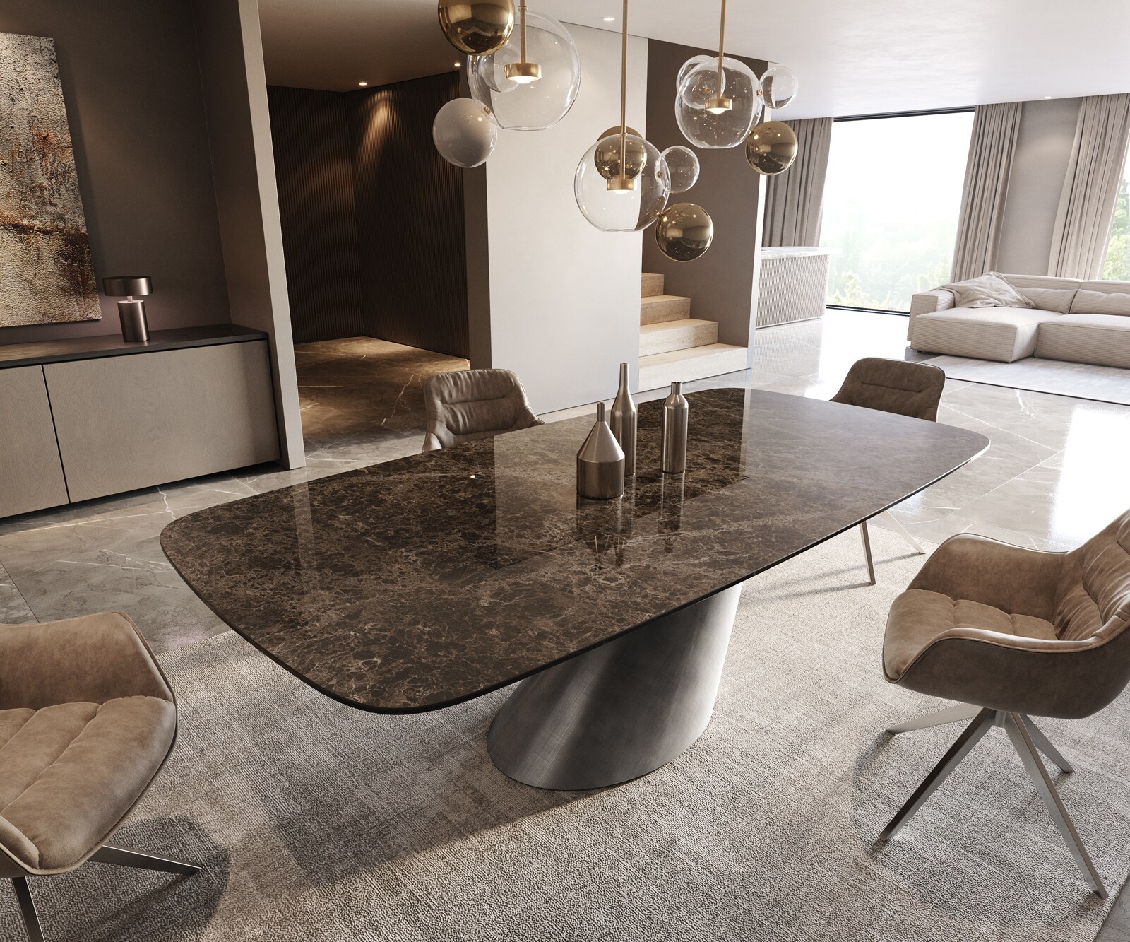 Table de salle à manger Edge Boot Céramique Emperador Extra Lucidato Brun foncé 240x120 Cono Métallique Argent