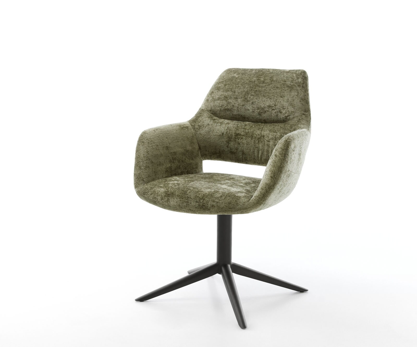 Drehstuhl Yago-Flex mit Armlehnen Chenille Olive Fußkreuz Schwarz 360° drehbar Wippfunktion