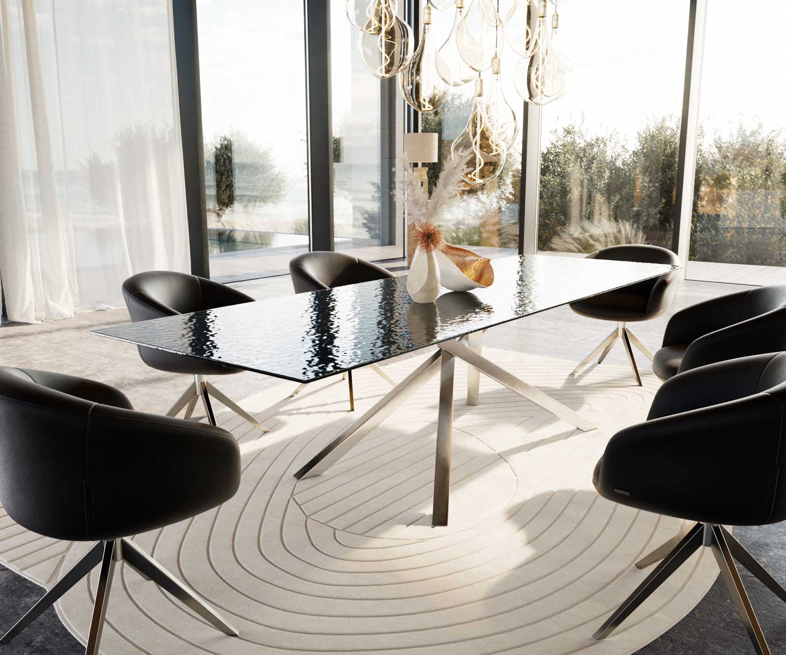 Esstisch Edge 300x100 Reliefglas Rauchschwarz 3D-Design Kreuzgestell Rechteck Edelstahl 9