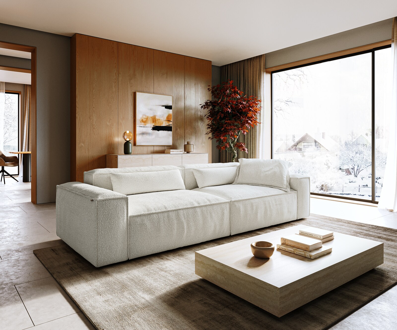 Bigsofa Freestyle 280x110 cm Bouclé Crème-blanc couture passepoilée 2