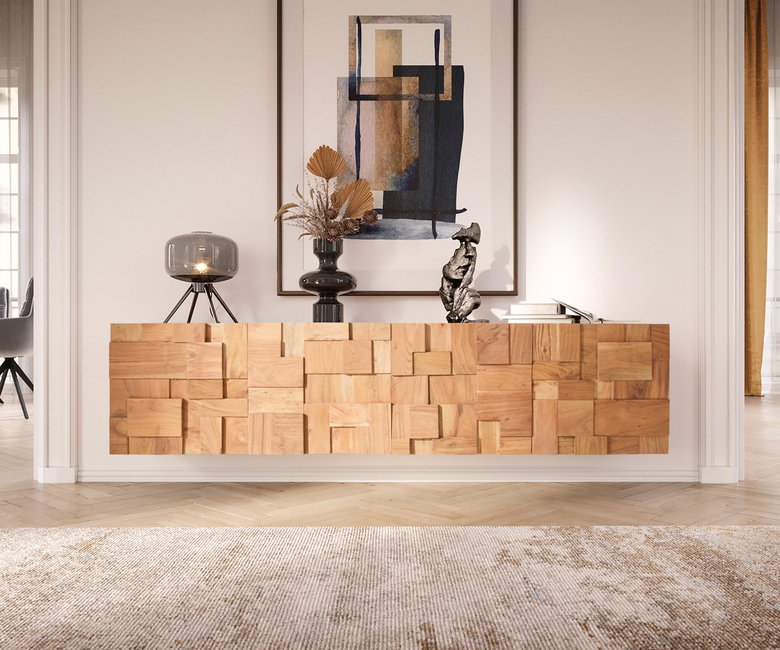 Lowboard Puzzle 175 cm 4 Türen Akazie Natur schwebend 1 Lowboard Puzzle 175 cm 4 Türen Akazie Natur schwebend 1