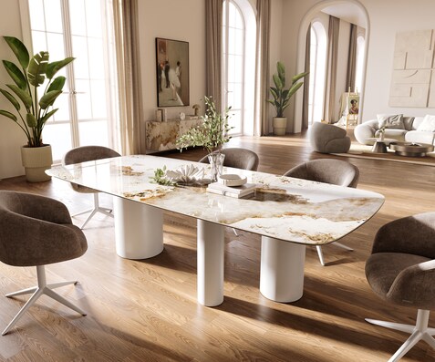 Esstisch Edge Boot 260x120 cm Keramik Minas Melange Weiß-Beige Troa Metall Weiß