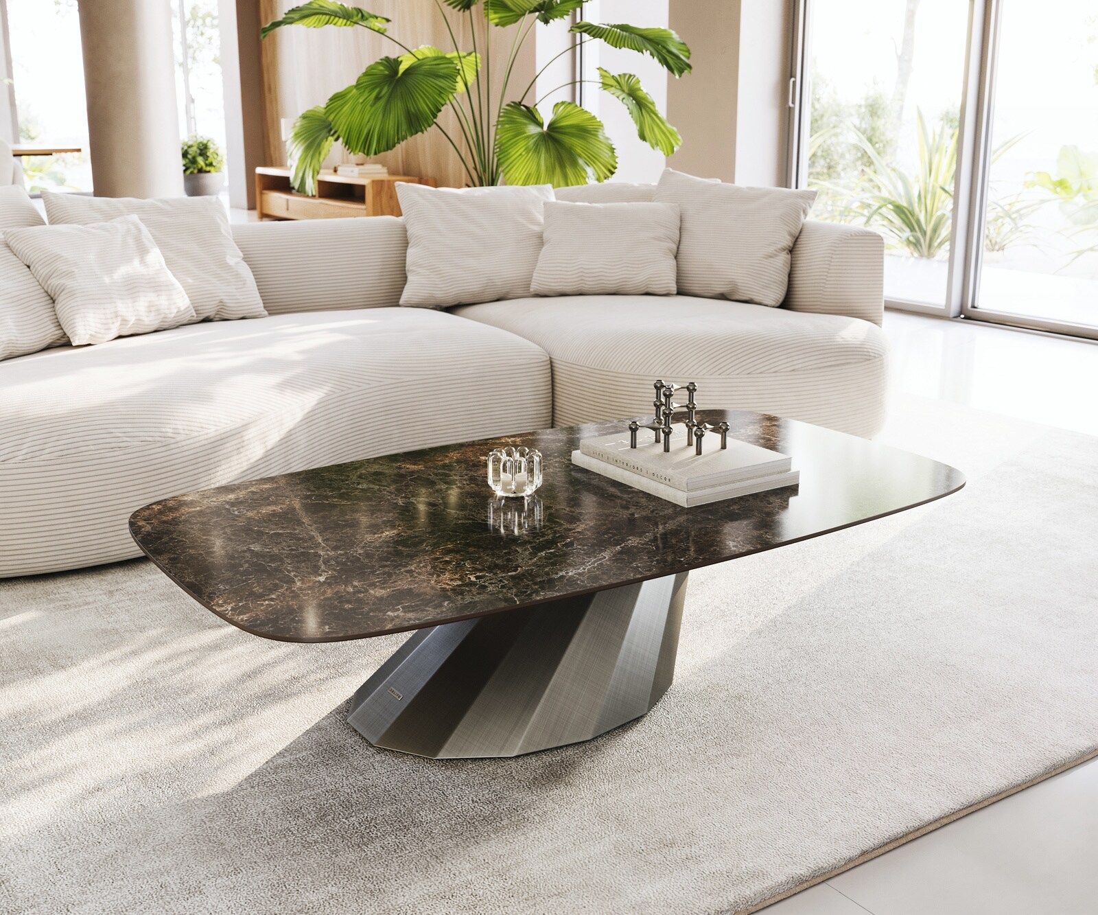 Table basse Edge bateau 140x80 cm céramique Emperador Extra Lucidato brun foncé Parabi métallique argent 1