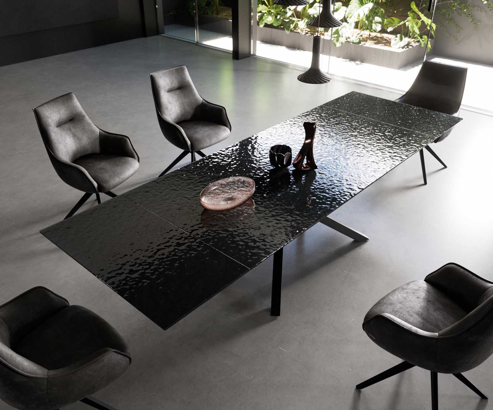 Esstisch Edge 200-300x100 Reliefglas Rauchschwarz 3D-Design Kreuzgestell Rechteck Schwarz ausziehbar 4