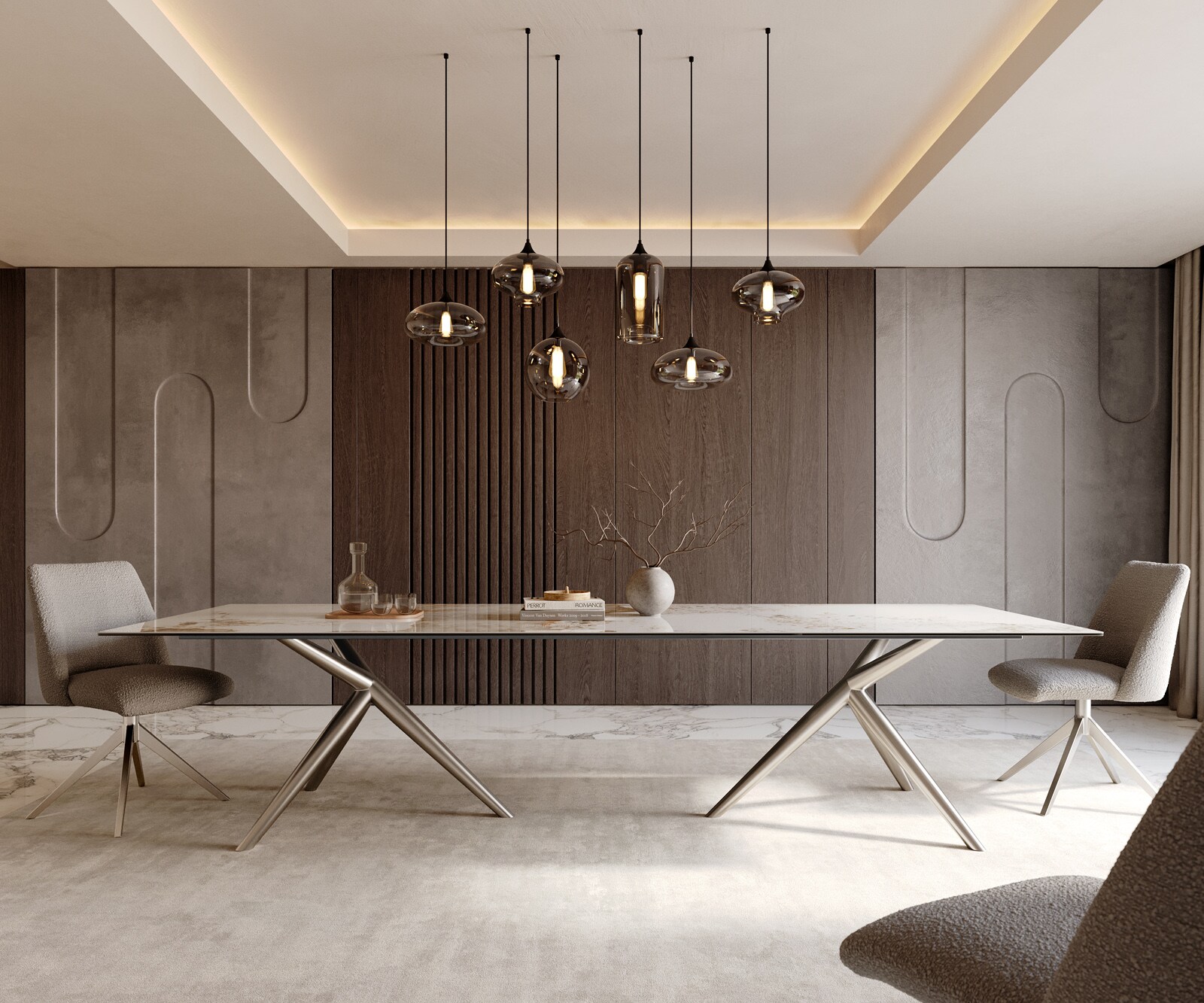 Esstisch Edge 300x100 Keramik Minas Melange Weiß-Beige Estelar rund Edelstahl