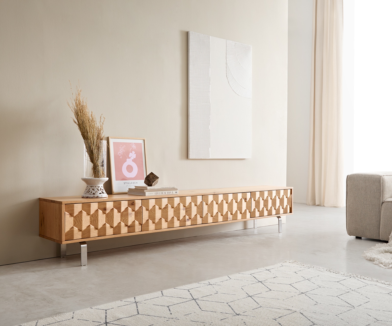 Lowboard Fevo 220 cm Eiche Natur 4 Türen L-Fuß Edelstahl Lowboard Fevo 220 cm Eiche Natur 4 Türen L-Fuß Edelstahl