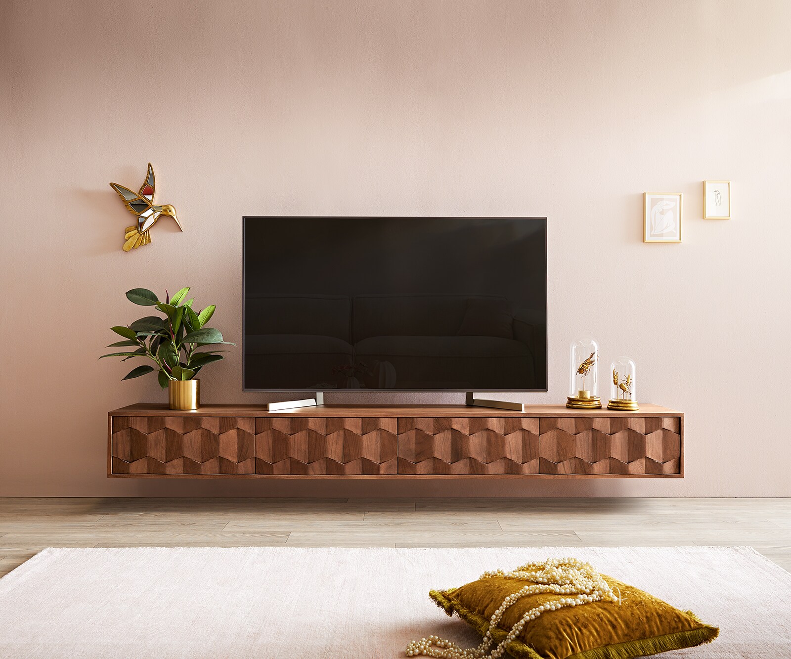 Meuble-TV Fevo 220 cm acacia brun 4 portes flottantes 1