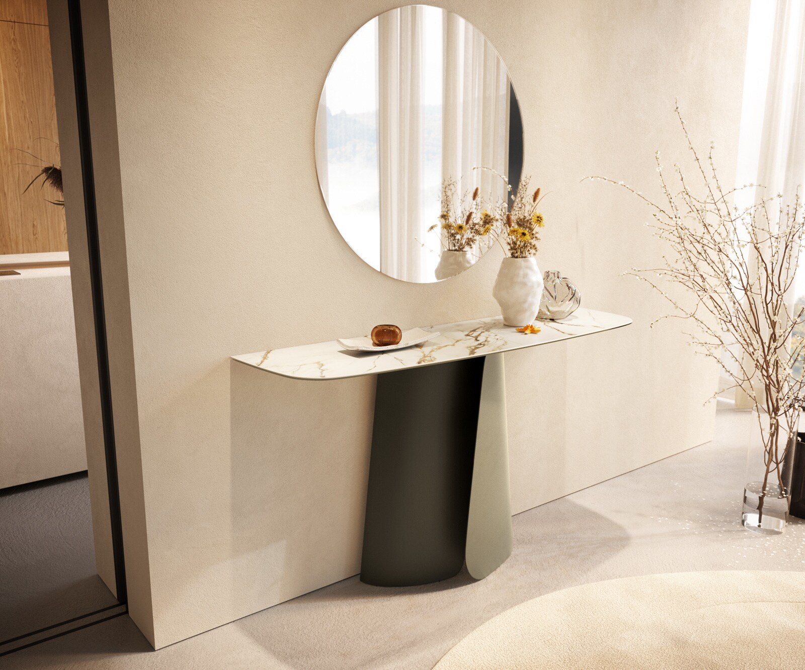 Konsolentisch Edge Boot 140x40 cm Keramik Calacatta Luxe Weiß-Gold-Grau Livos Metall Effektfinish Titan 4
