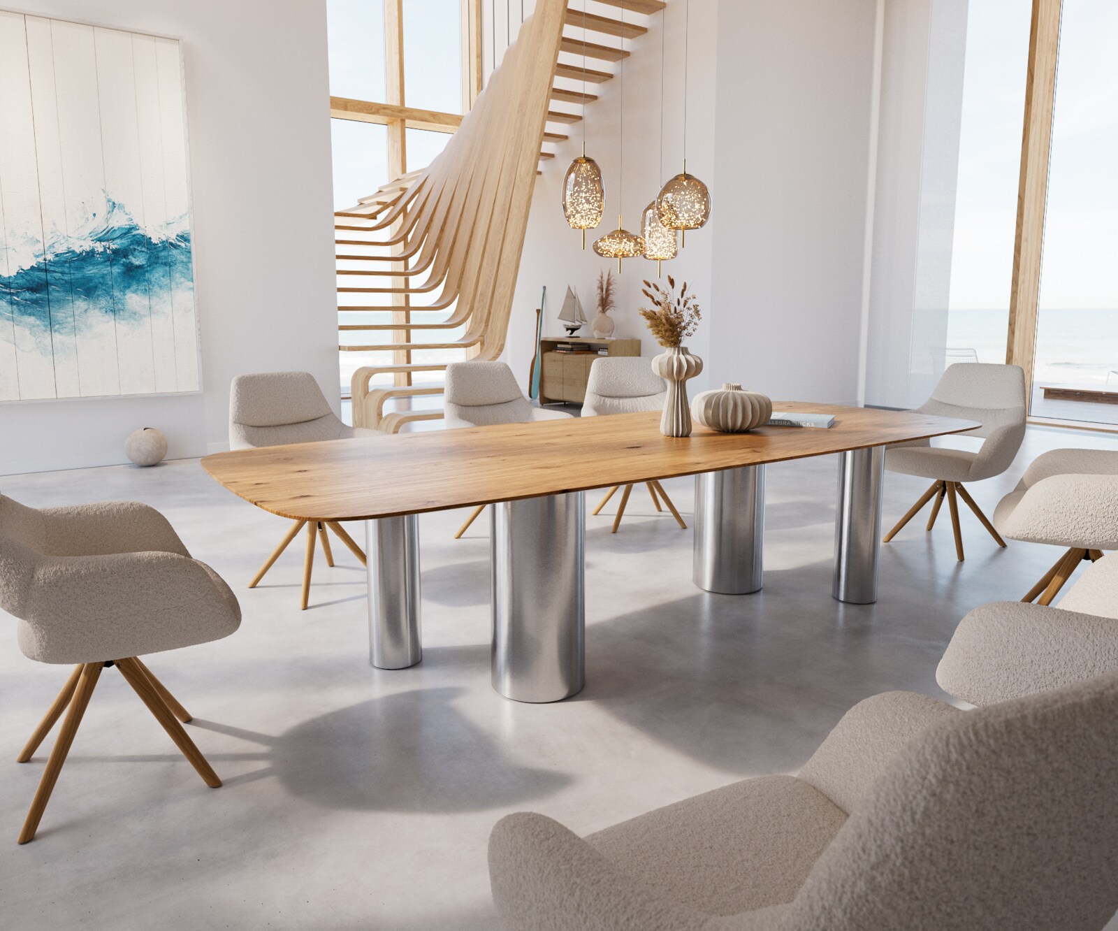 Table à manger Edge Boot 300x120x2,5-3 Chêne Nature Pilier Acier inoxydable brossé Bord suisse 1