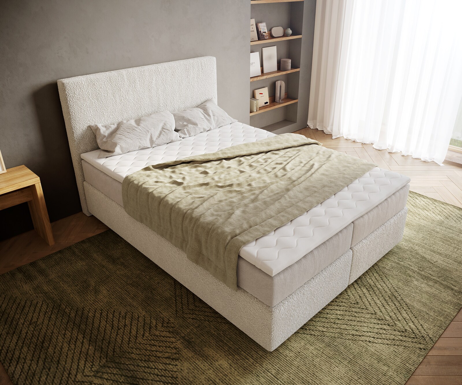 Lit-à-sommier-tapissier Dream-Well Bouclé Crème-Blanc 140x200 cm avec matelas à ressorts ensachés et surmatelas Visco 3