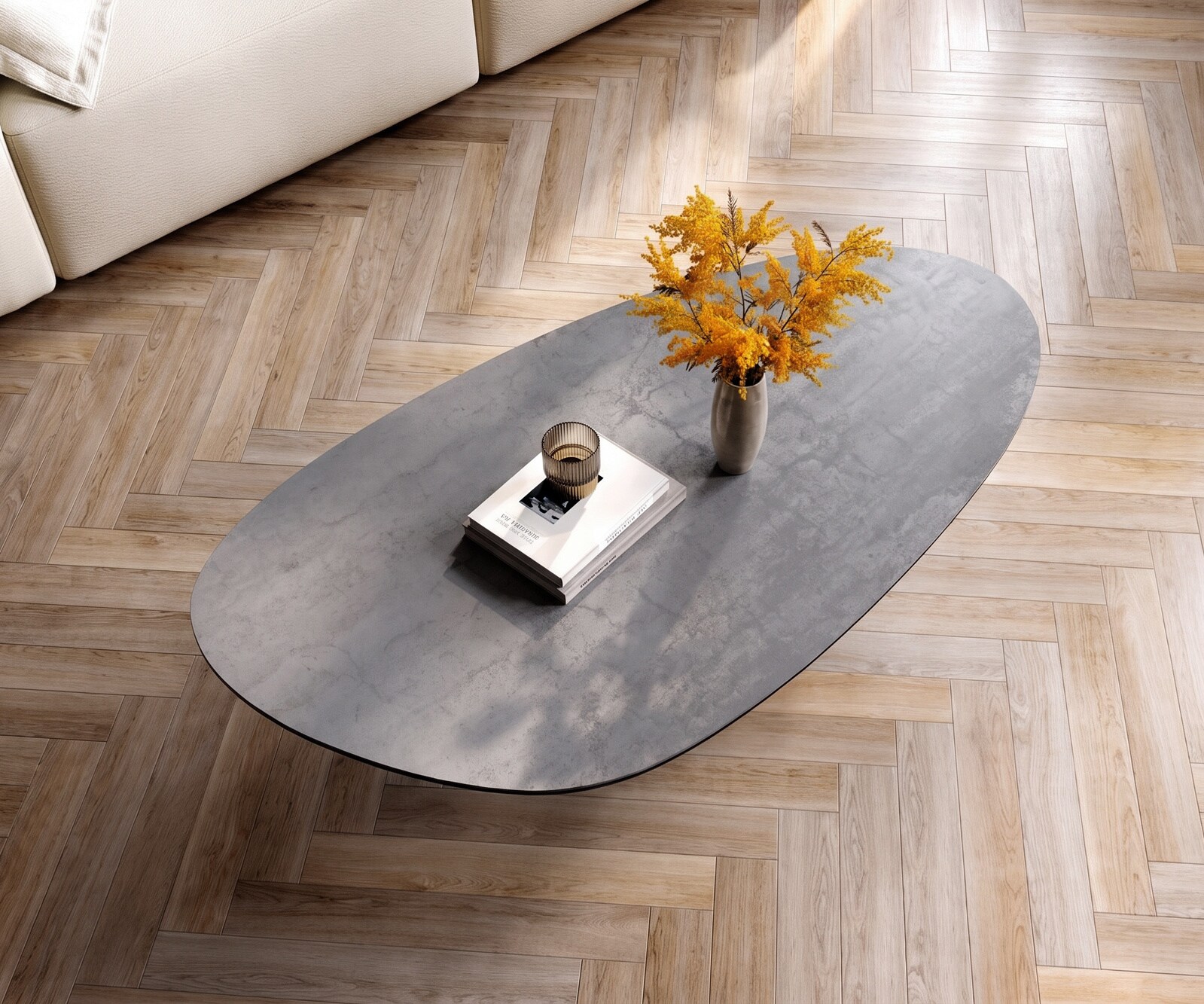 Table basse Edge ovale 140x75 cm céramique béton gris Sarity métal noir 4
