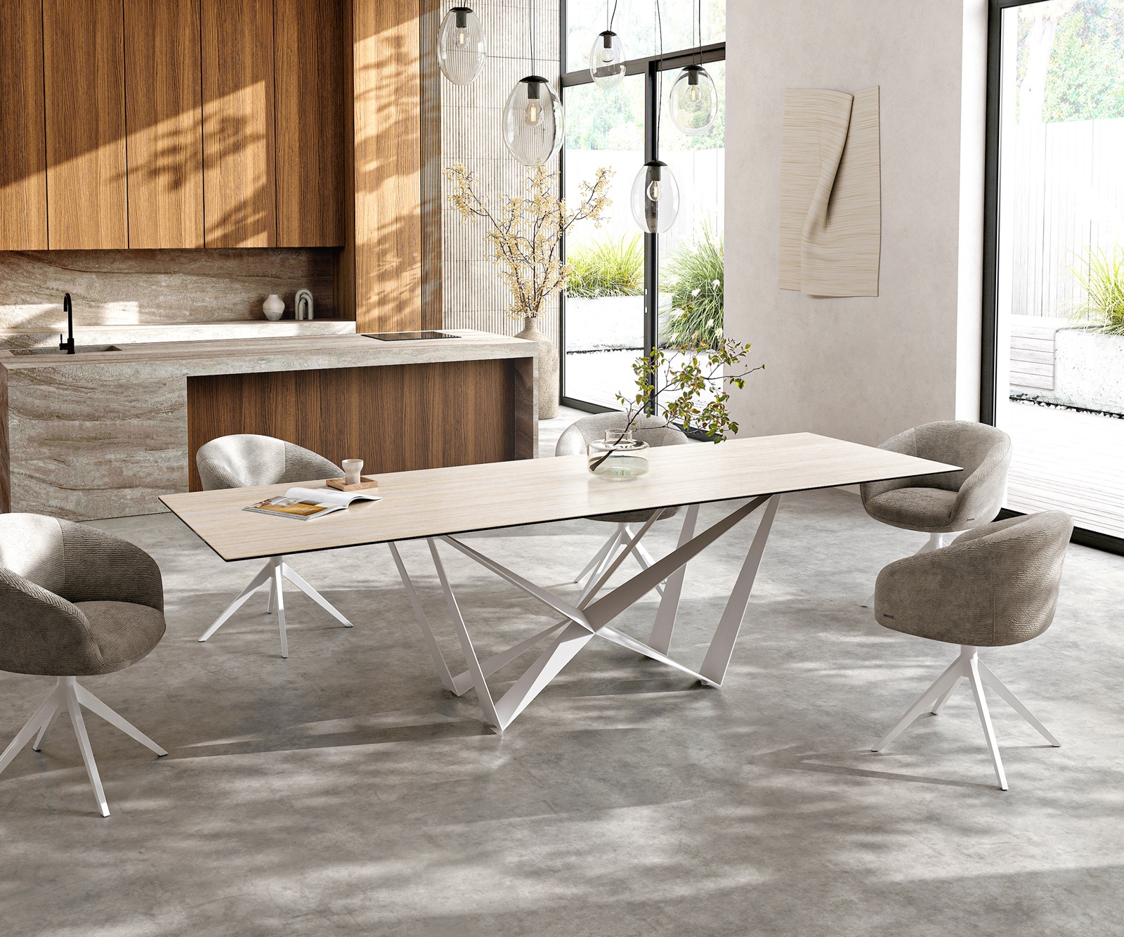 Esszimmertisch Edge Keramik Laminam®Travertino Bianco Creme-Weiß 300x100 Spider Metall Weiß