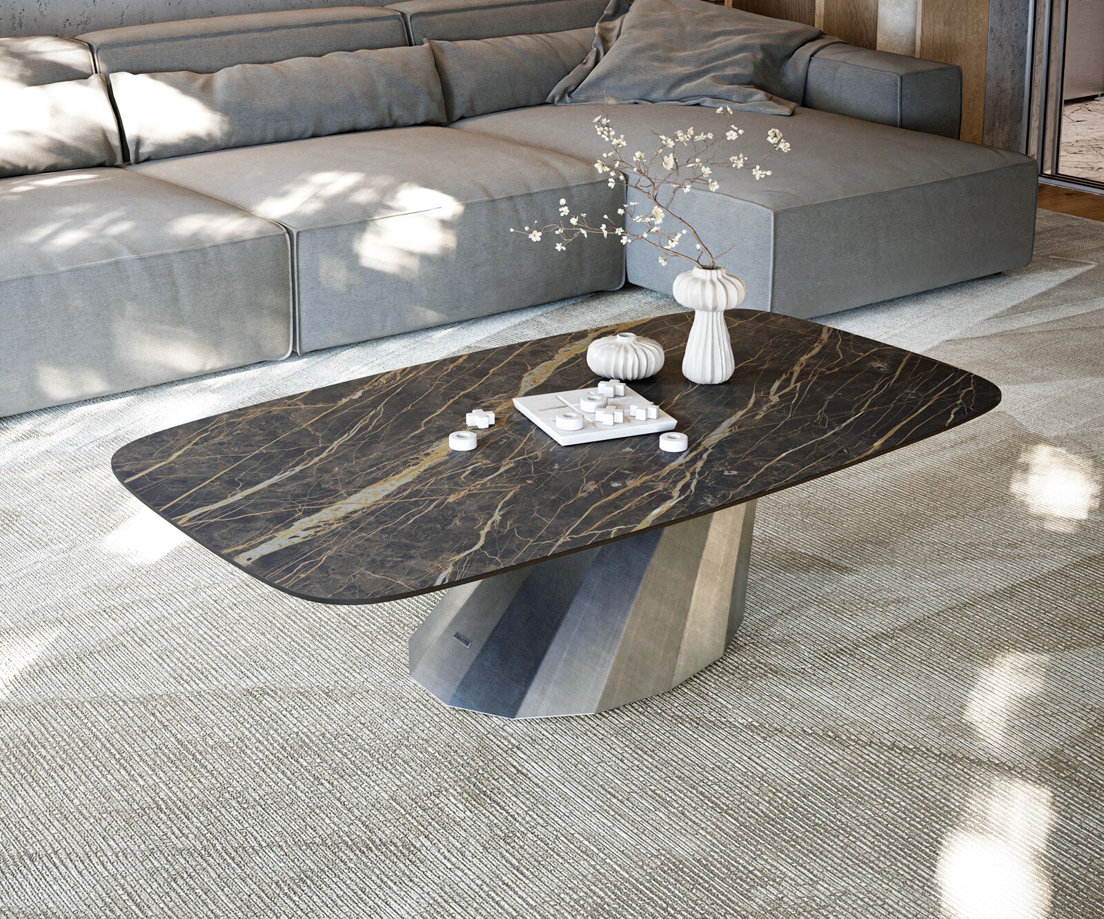 Table basse Edge Boot 140x80 cm céramique Laminam® Noir Desir brun Parabi argent métallique 2