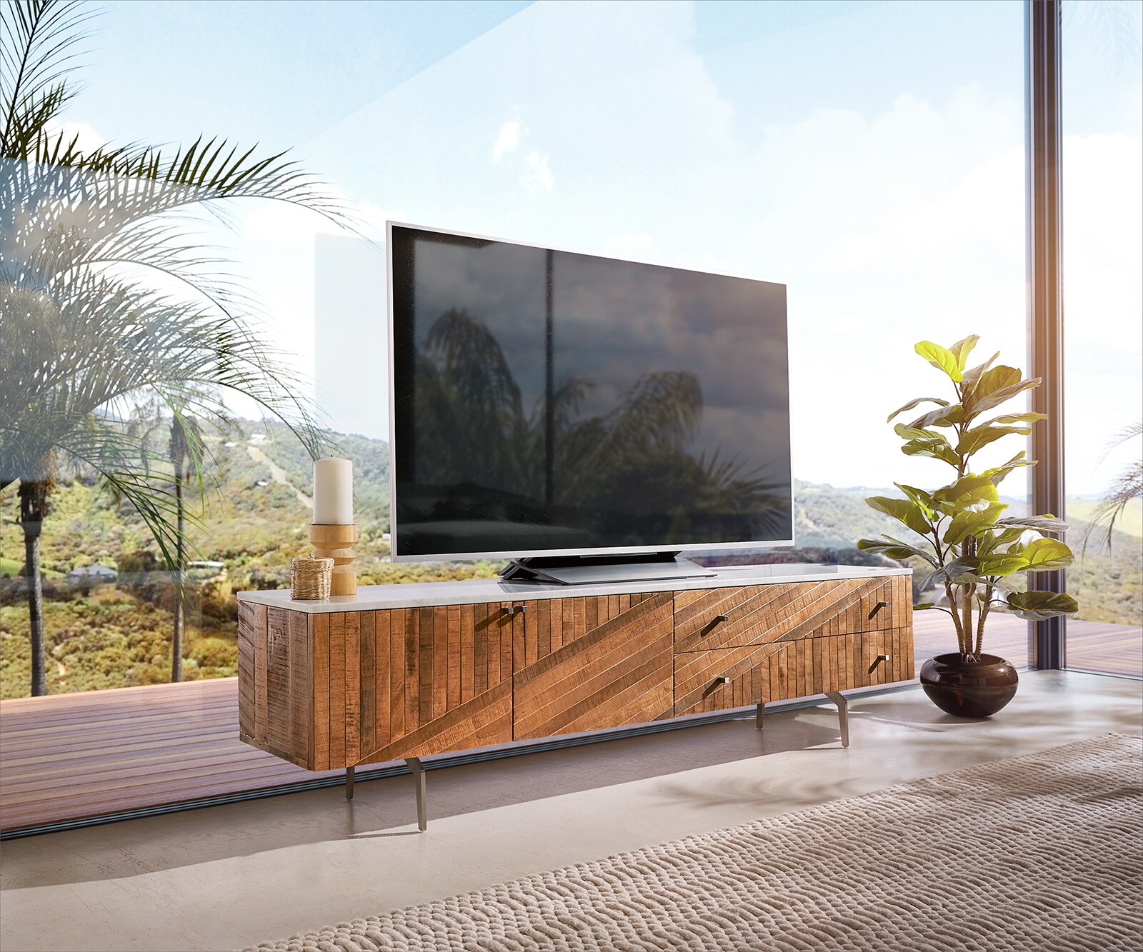 Meuble-TV Bahan 175 cm Mangue Teak 2 portes 2 tiroirs Plateau marbre blanc Pied d'angle en acier inoxydable