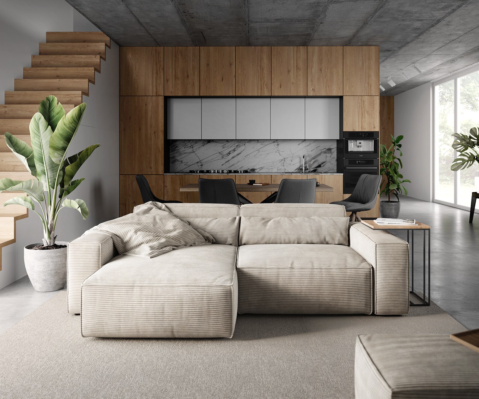 Ecksofa Sirpio L 260x160 cm Cord Beige Recamiere variabel mit Hocker 1