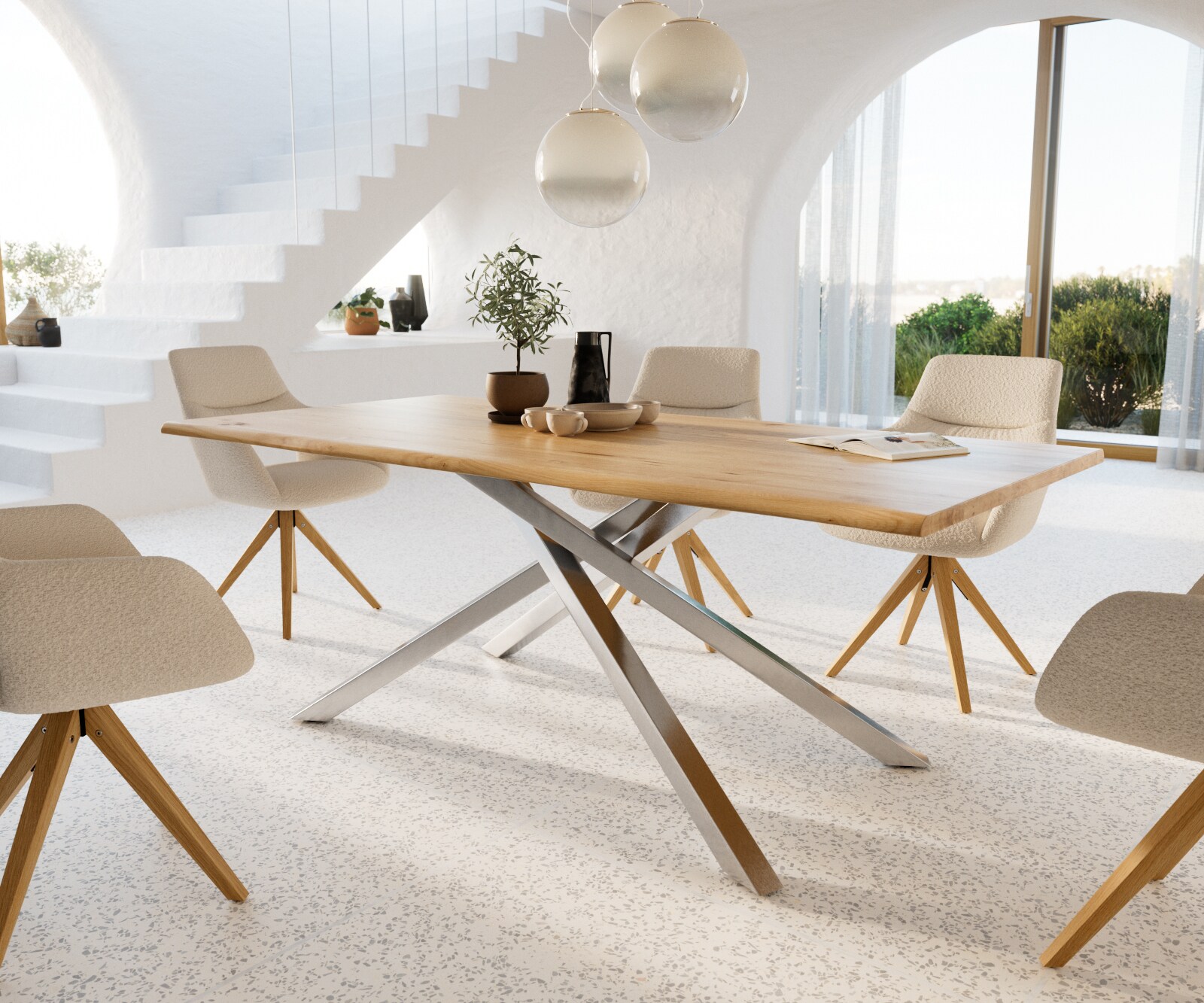 Esszimmertisch Edge Eiche Natur 200x100x2,5-3 Kreuzgestell Rechteck Edelstahl Live-Edge Esstisch