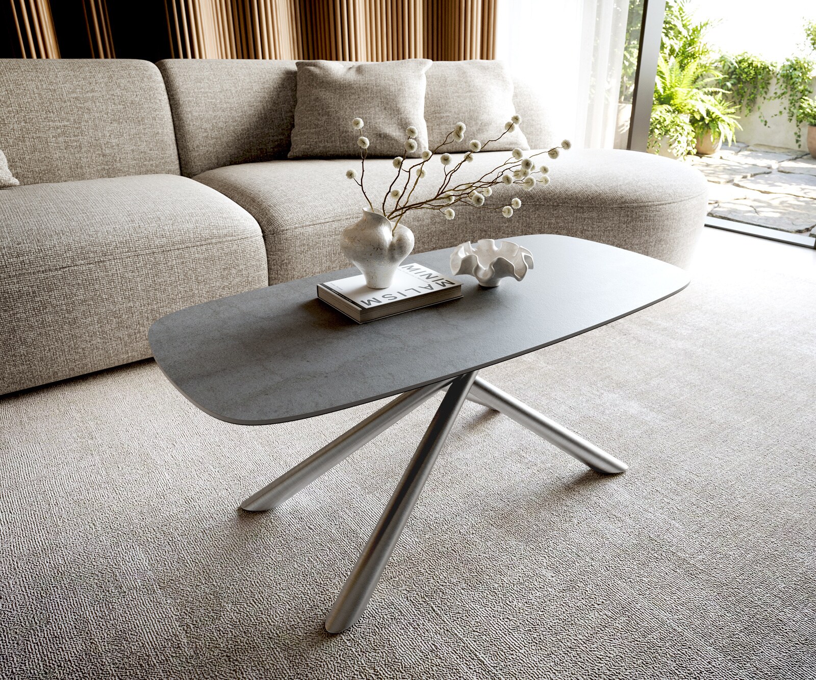 Table basse Edge forme bateau 100x50 cm céramique béton gris Sarity acier inoxydable brossé