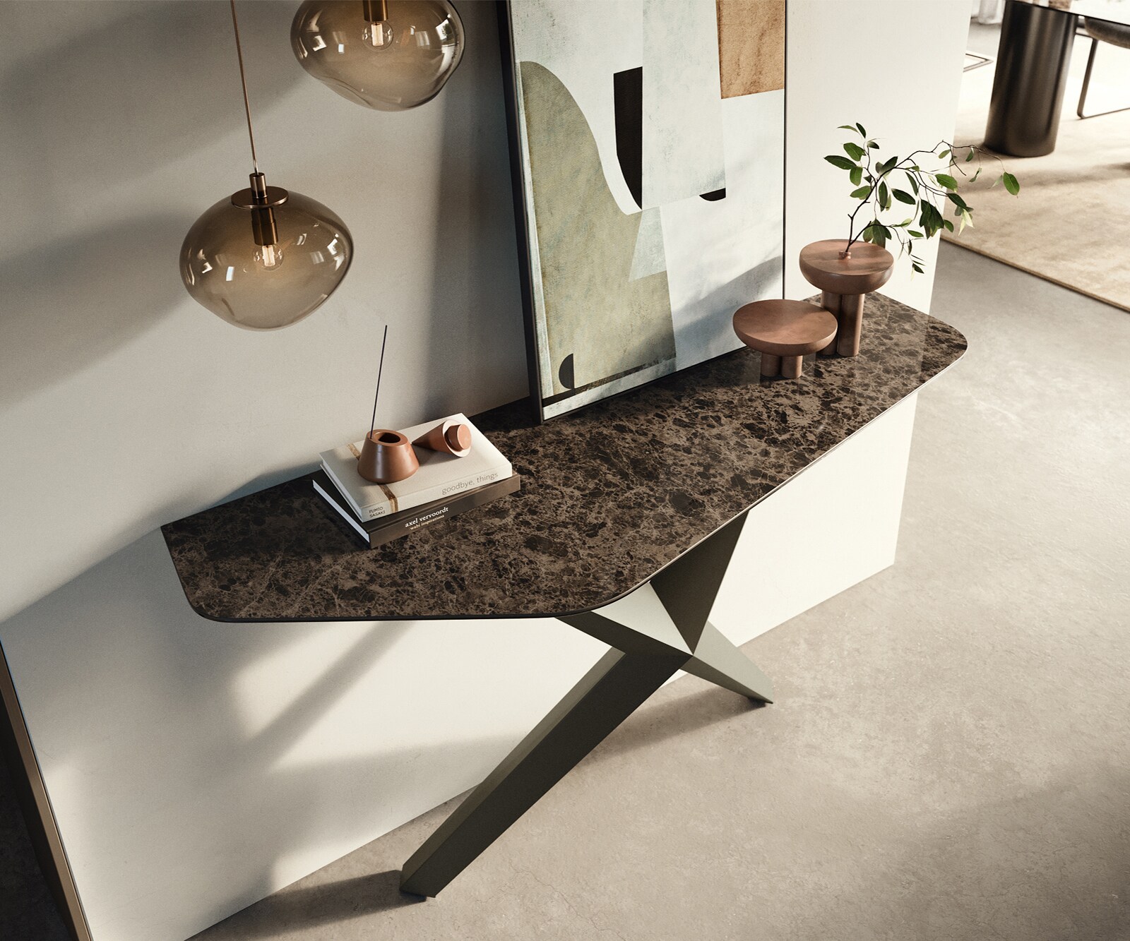 Konsolentisch Edge Polygonal 140x50 cm Keramik Emperador Extra Lucidato Dunkelbraun Zentharo Metall Effektfinish Titan 2