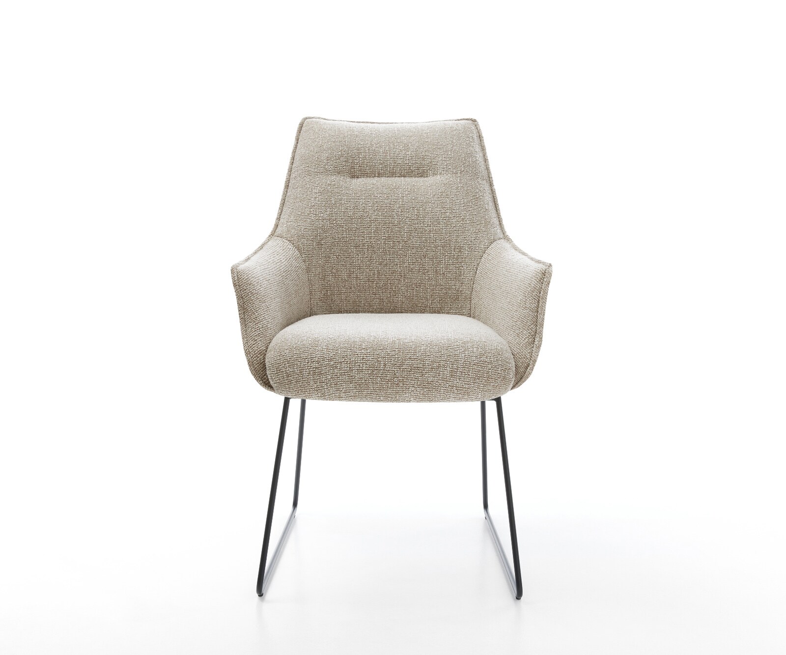 Chaise-de-salle-à-manger Alja-Flex avec accoudoirs tissu tissé doux beige pied trapèze noir resorts ensachés 2