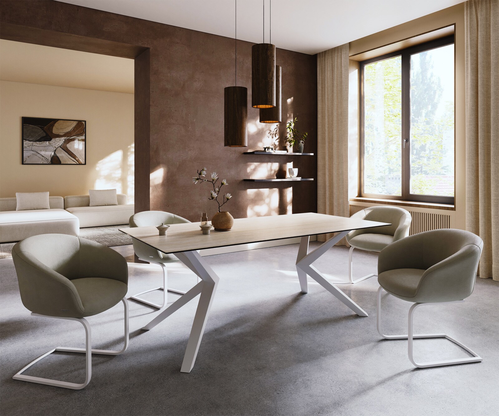 Table à manger Edge 200x100 céramique Laminam® Travertino Bianco crème-blanc Zenthara Angulaire métal blanc 6