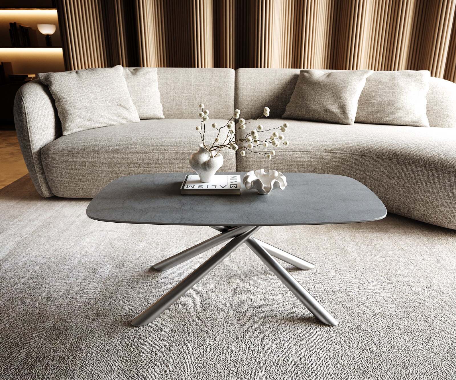 Table basse Edge forme bateau 100x50 cm céramique béton gris Sarity acier inoxydable brossé 1