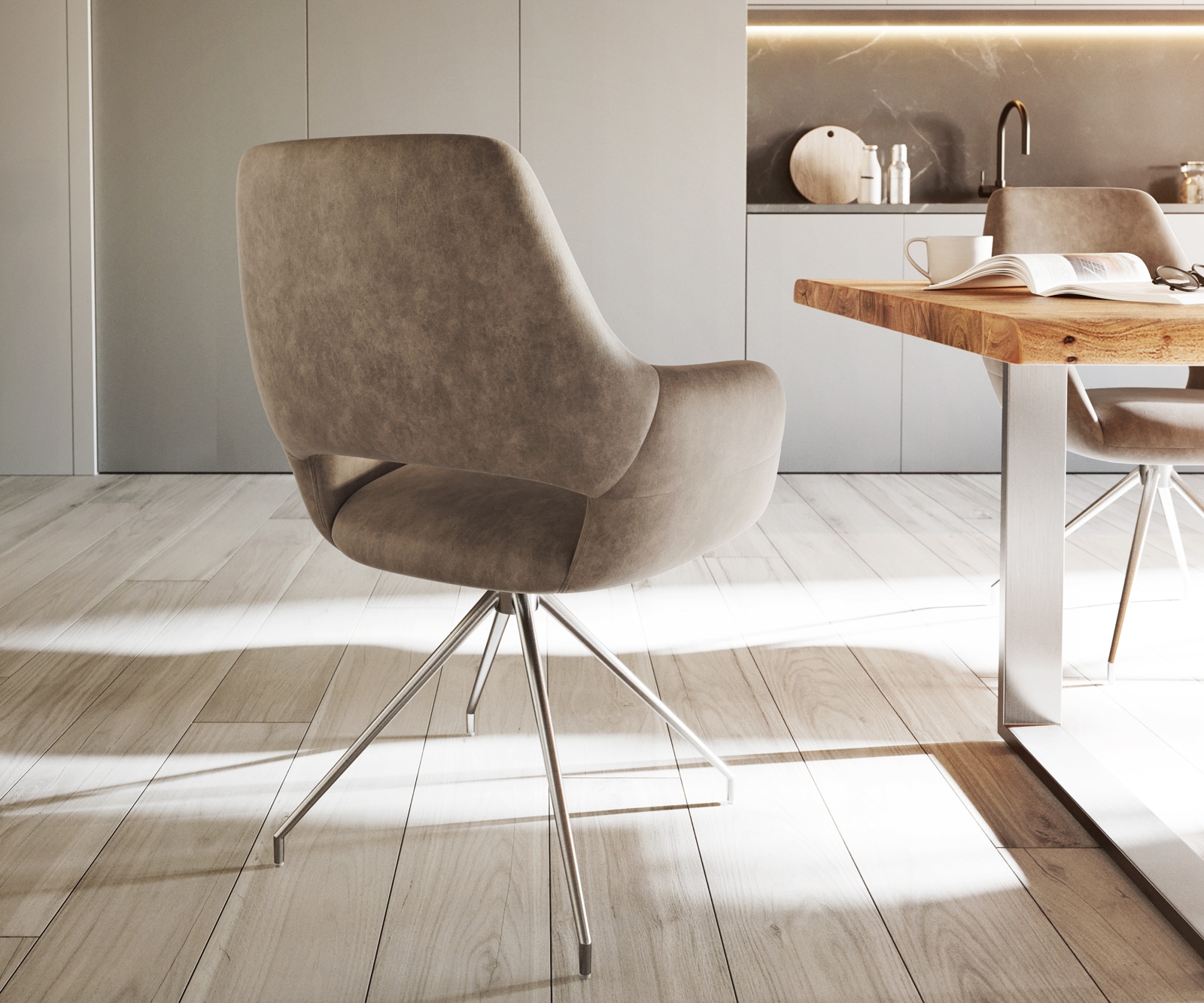 Esszimmerstuhl Yago-Flex mit Armlehnen Mikrofaser Taupe Vintage Kreuzgestell konisch Edelstahl Taschenfederkern 5 Esszimmerstuhl Yago-Flex mit Armlehnen Mikrofaser Taupe Vintage Kreuzgestell konisch Edelstahl Taschenfederkern 5