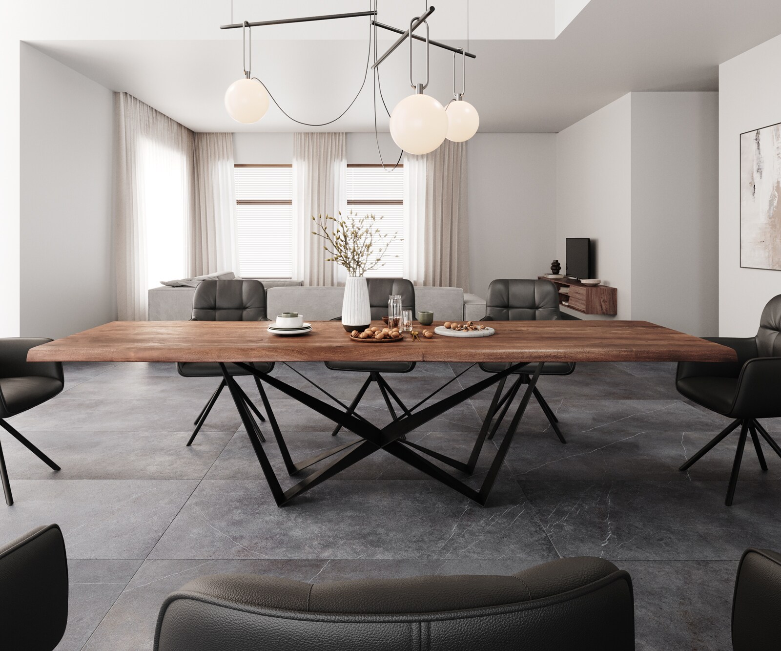 Esstisch Edge 300x100 XL Akazie Braun Spider Flachstahl Schwarz Live-Edge 1 Esstisch Edge 300x100 XL Akazie Braun Spider Flachstahl Schwarz Live-Edge 1