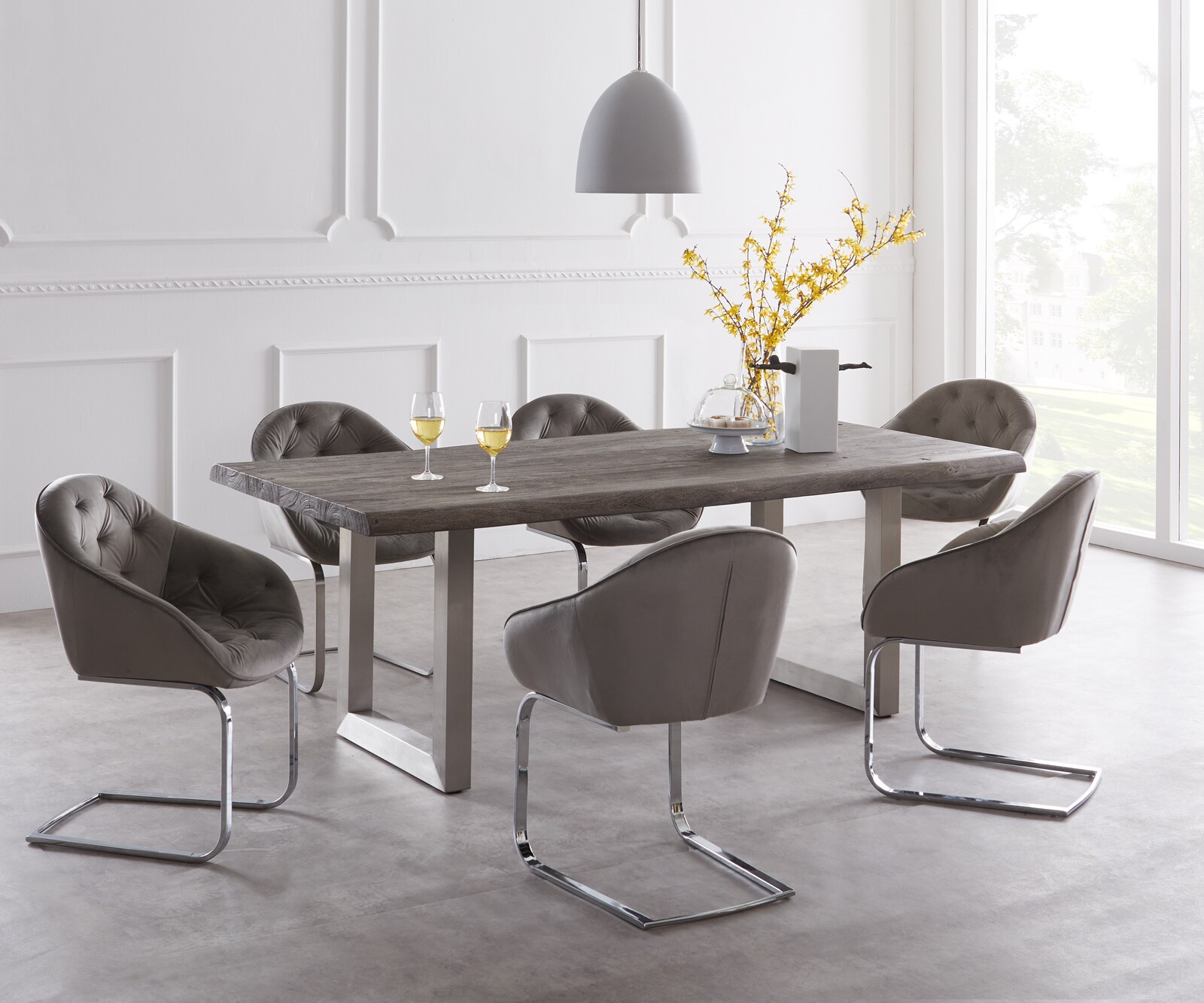 Esstisch Edge 220x100cm XL Akazie Platin Edelstahl breit Live-Edge 1