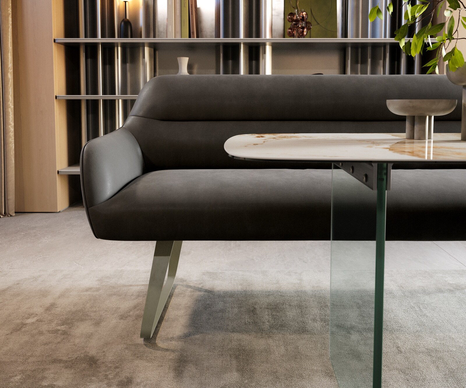 Banc-de-salle-à-manger Taya-Flex 200 cm microfibre antracite vintage châssis à patins plat titane ressort ensaché 1