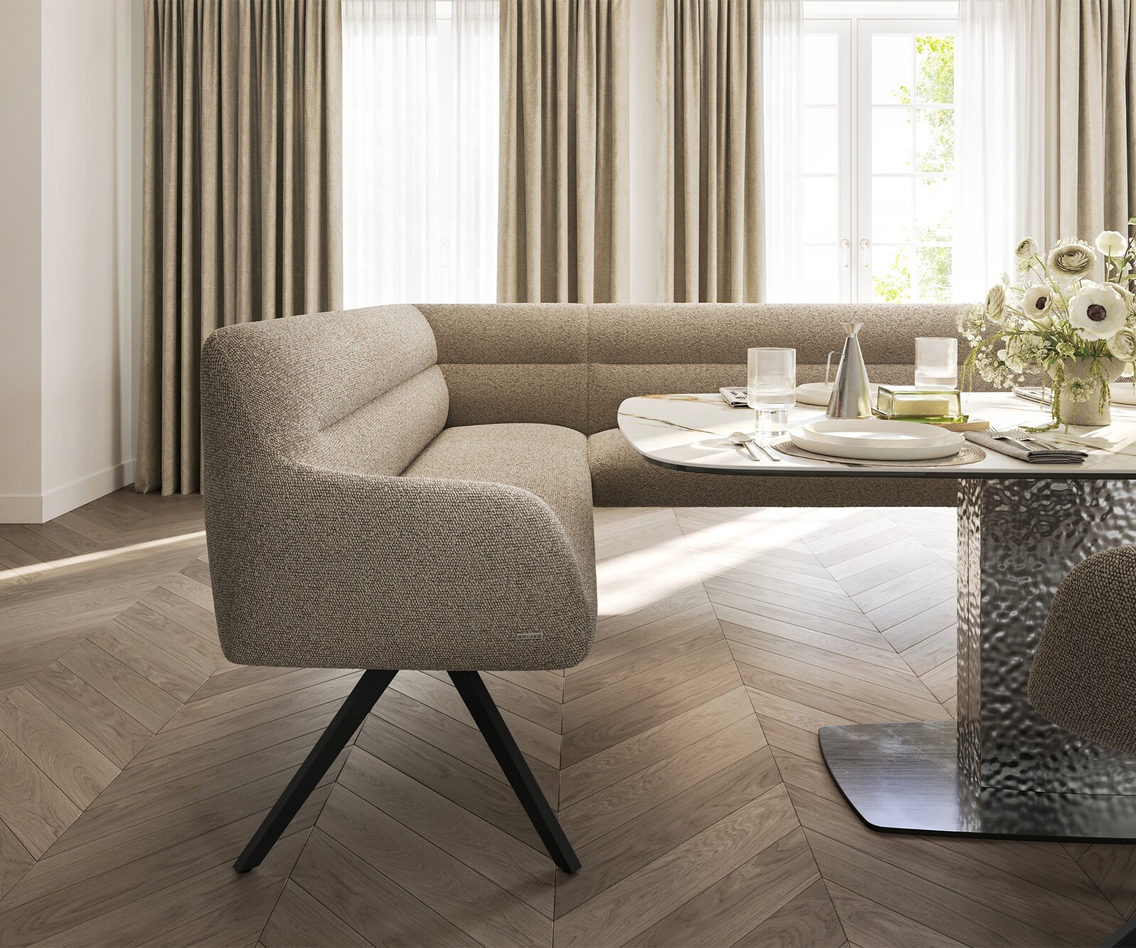 Esszimmerbank Taya-Flex 285x190 cm Bouclé Schlamm Kreuzgestell kantig Schwarz Taschenfederkern Rechts 4