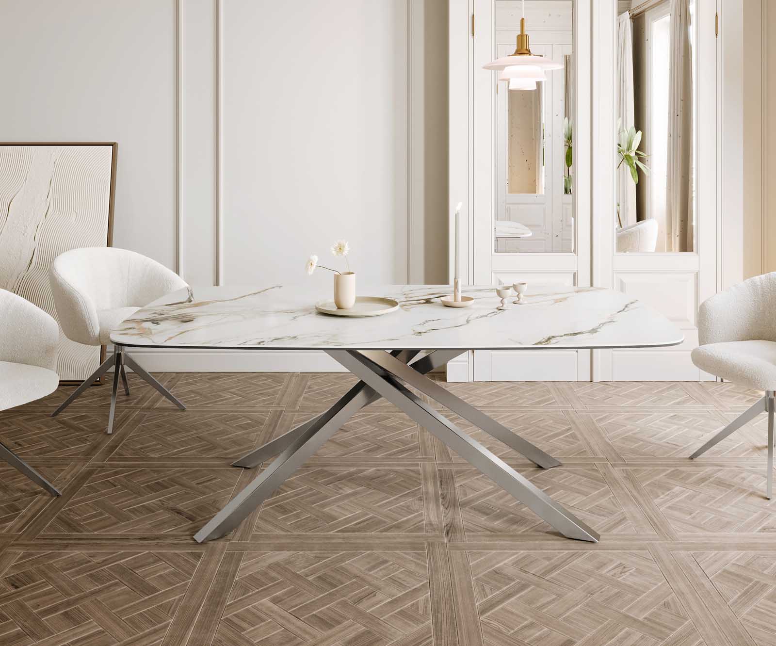 Esstisch Edge Boot 200x100 Keramik Calacatta Luxe Weiß-Gold-Grau Kreuzgestell Rechteck Edelstahl 1
