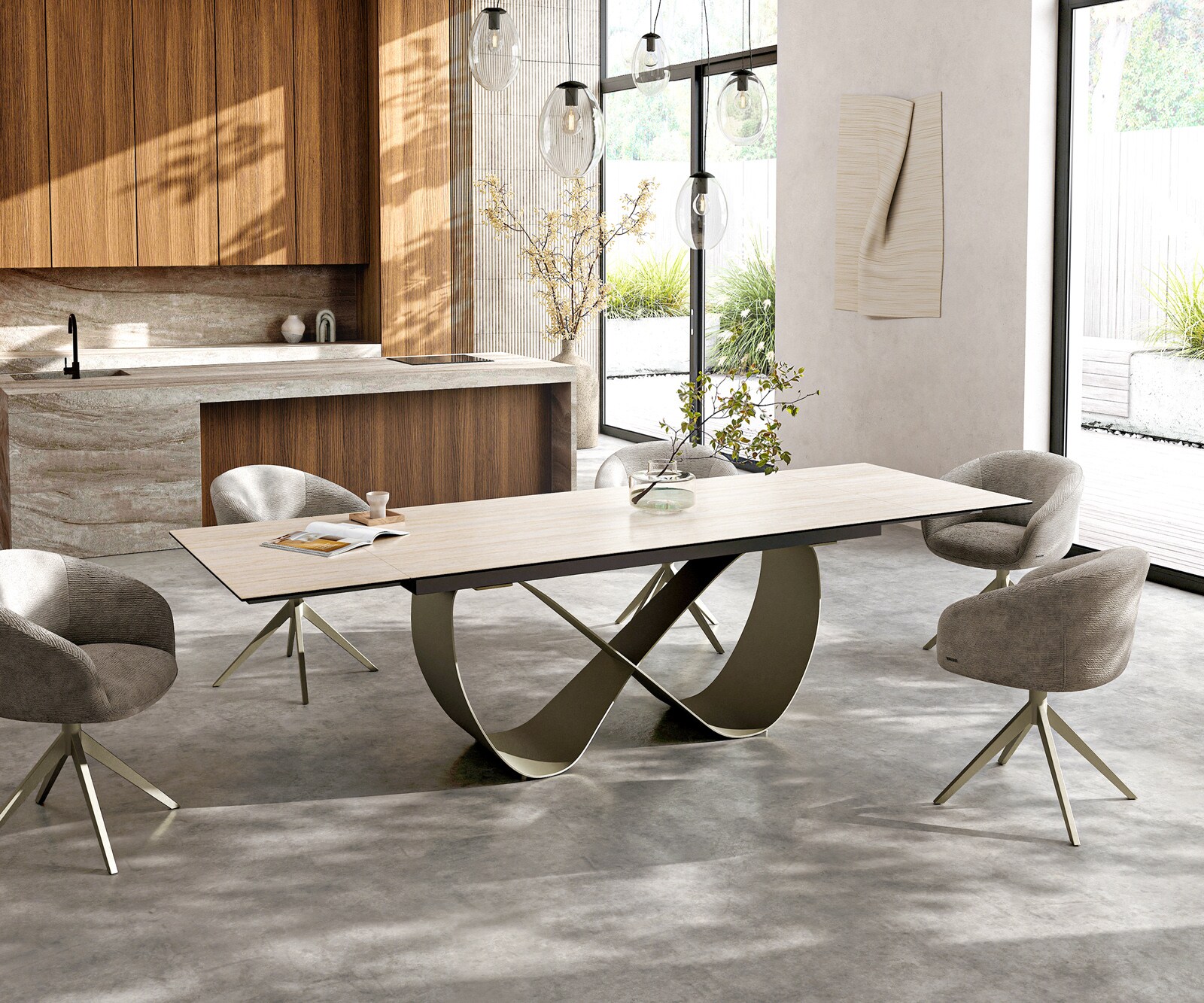Esstisch Edge 200-300x100 Keramik Laminam® Travertino Bianco Creme-Weiß Infinity Metall Effektfinish Titan ausziehbar 6
