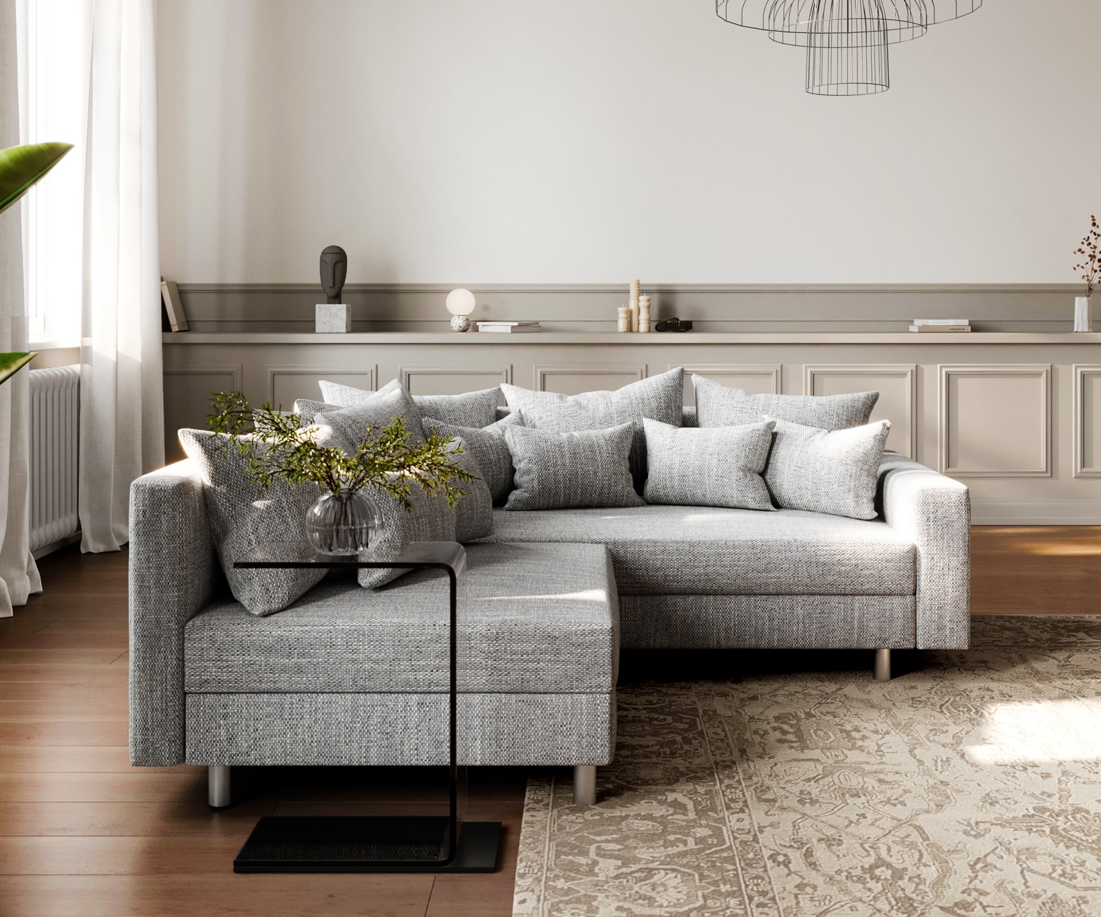 Canapé d'angle Clovis tissu structuré gris clair accoudoir ottoman droite 2