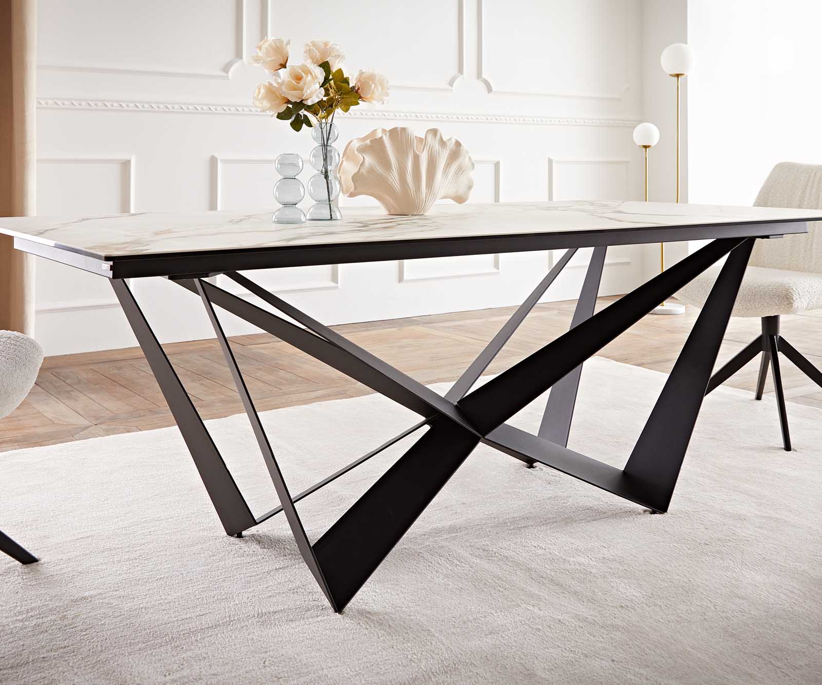 Table à manger Edge 200x100 céramique Calacatta Luxe blanc-doré-gris Spider acier plat noir 6